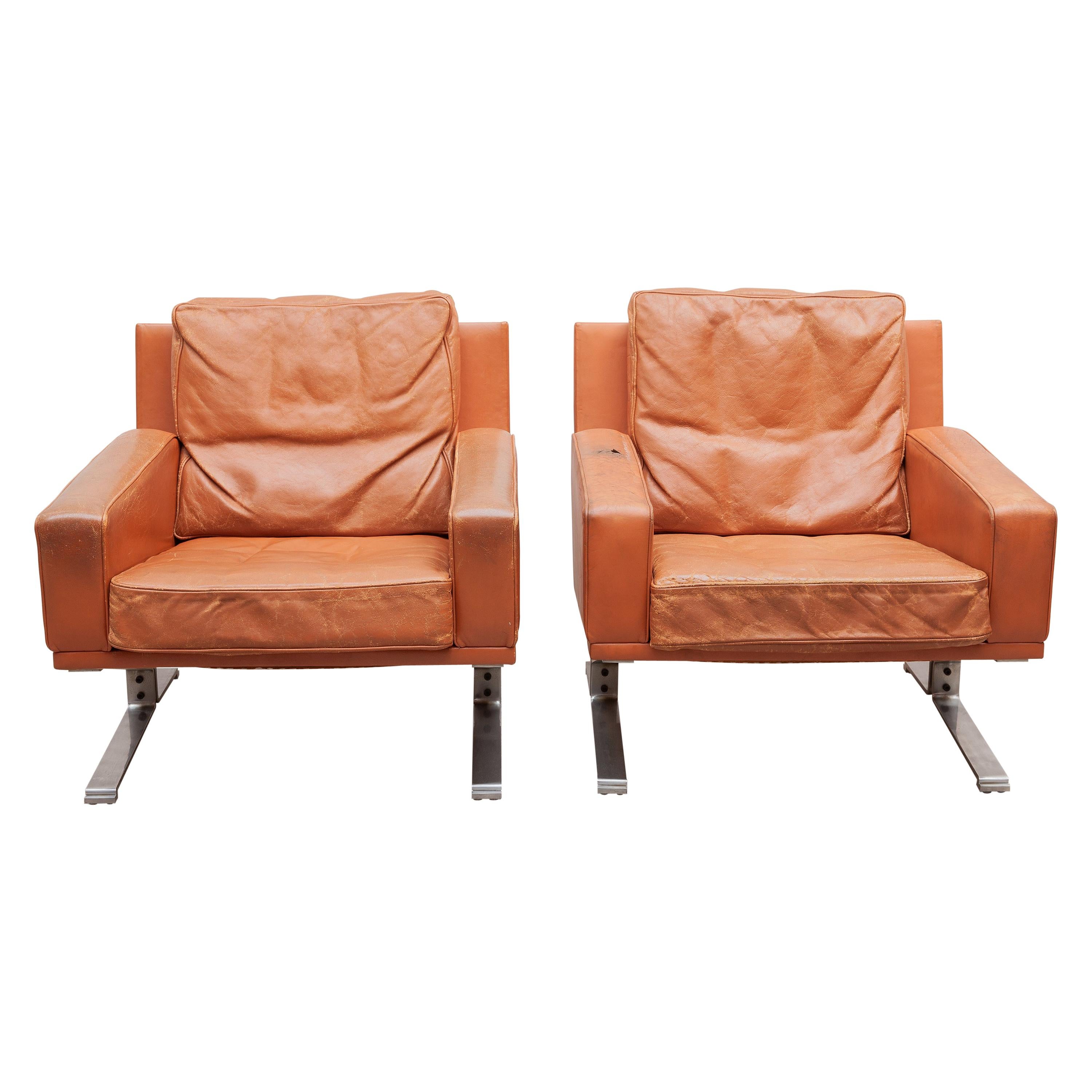 Mid-Century Modern Cognac Leather Club Chairs 1960s with a Nice Patina