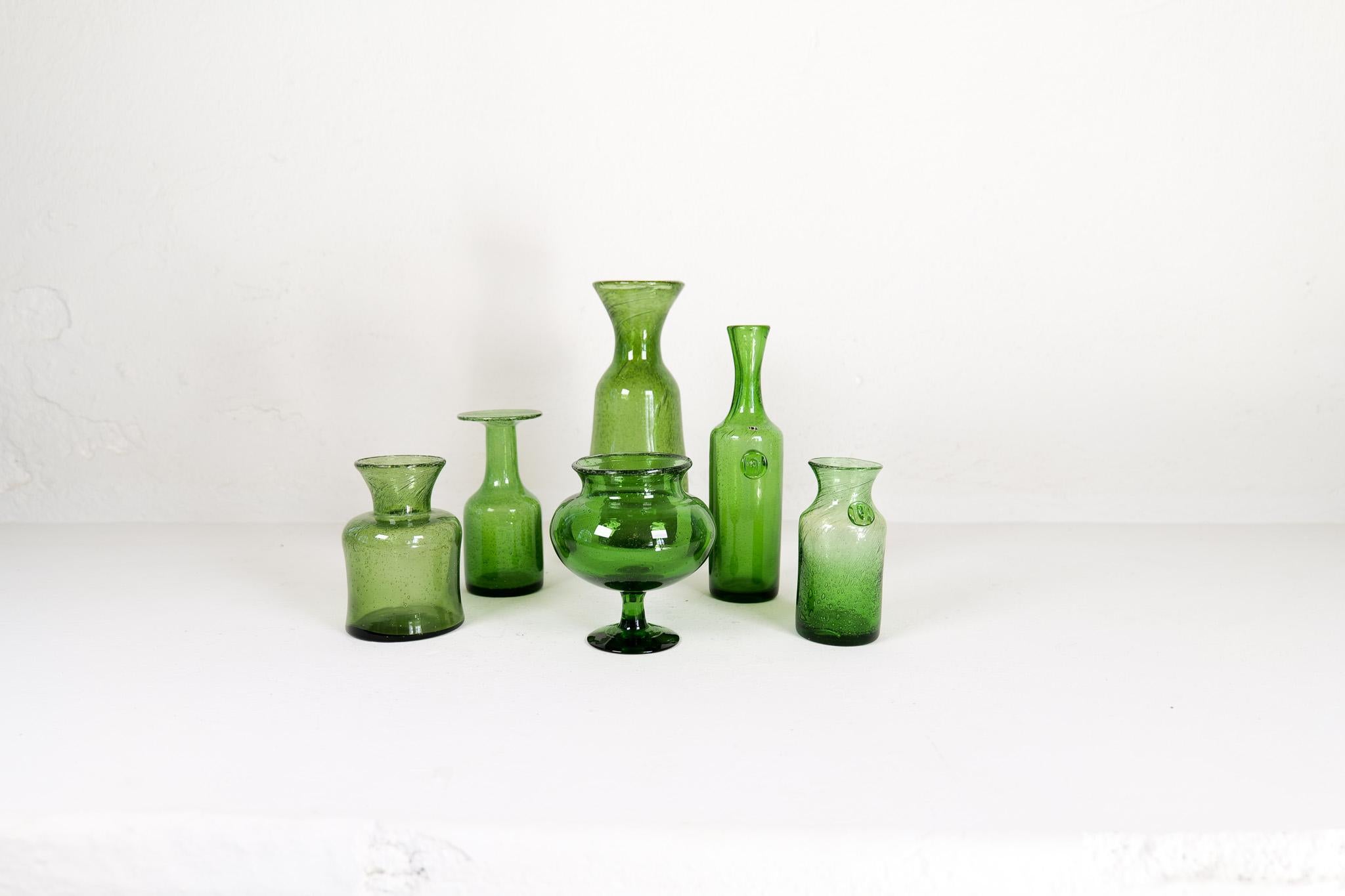 Scandinavian Modern Midcentury Modern Collection of Six Green Vases by Erik Hoglund, Sweden, 1960s For Sale