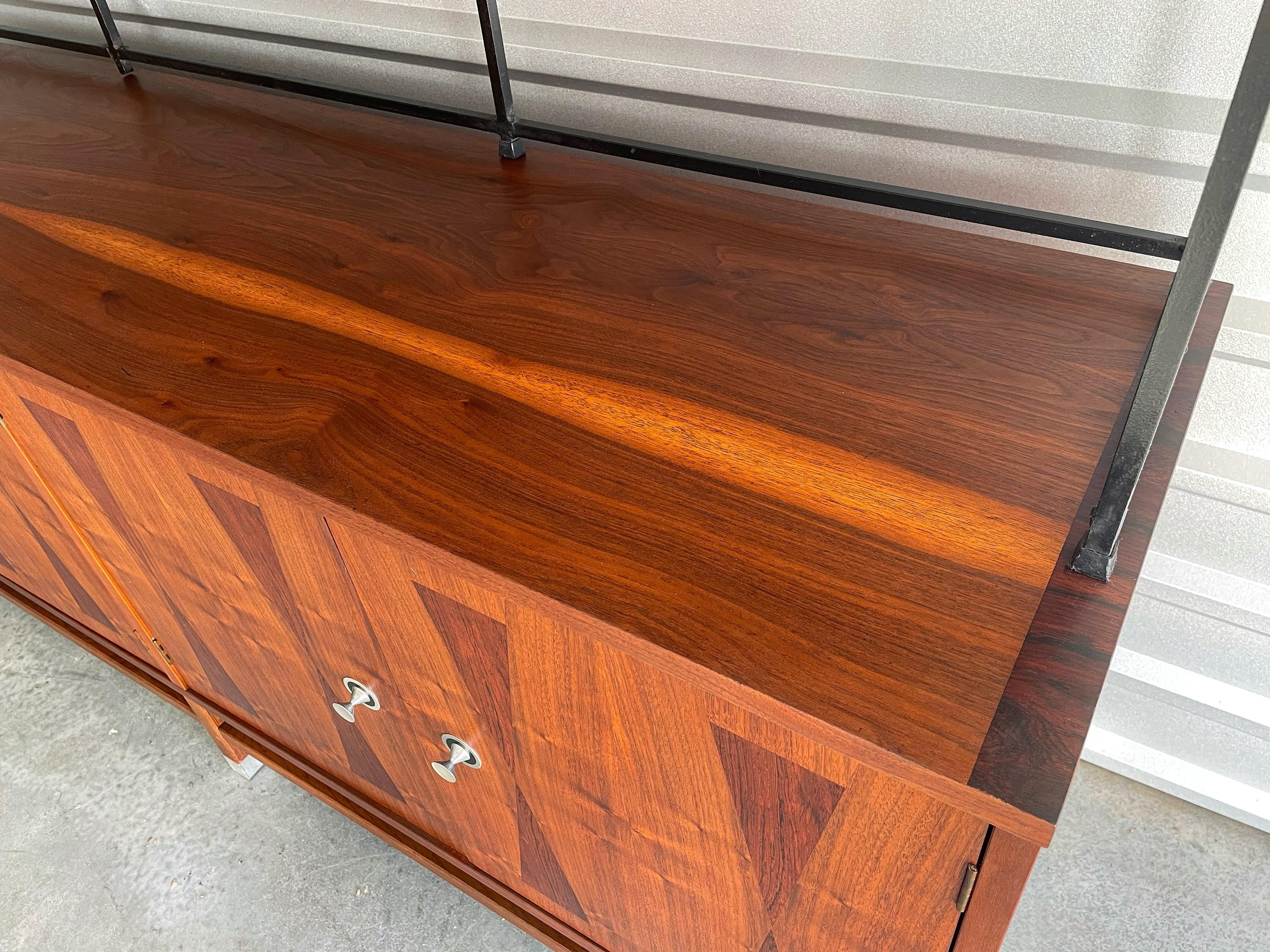 Mid-Century Modern Credenza and Hutch Top by Stanley in Walnut and Rosewood In Good Condition In Framingham, MA