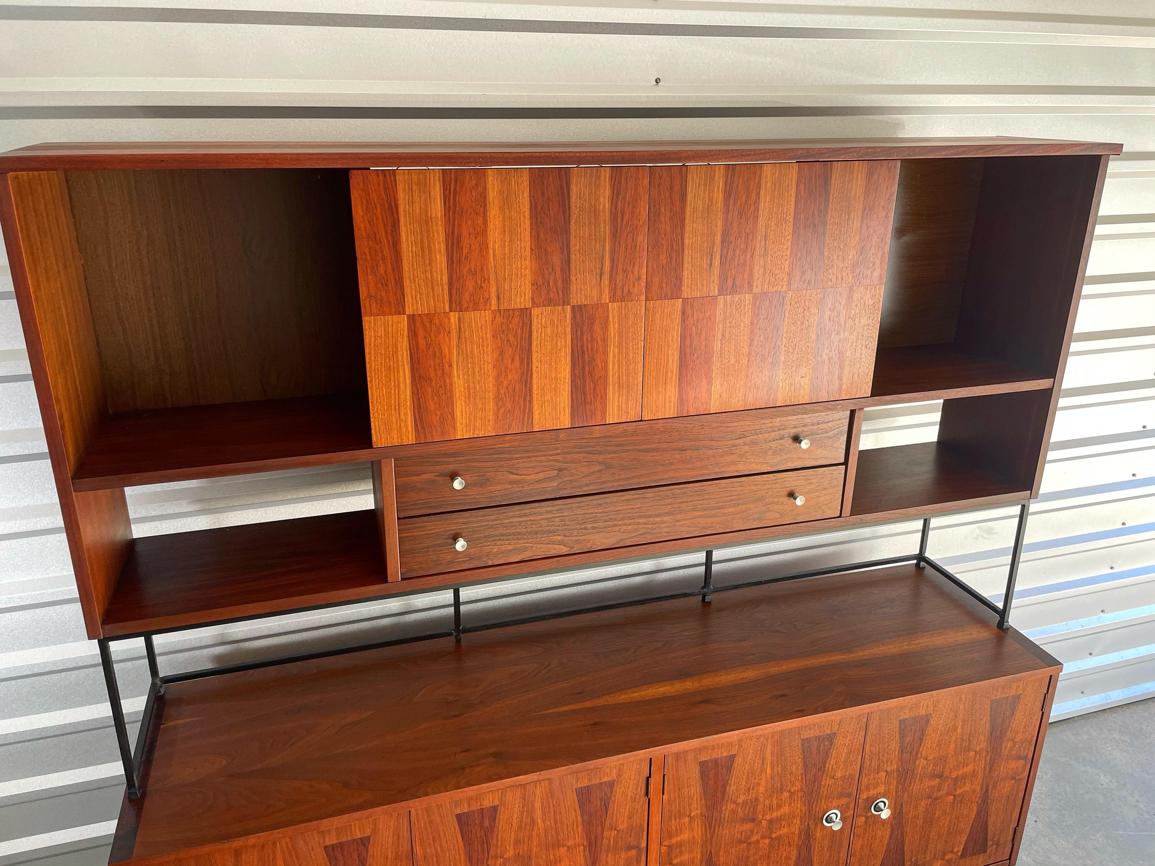 Mid-20th Century Mid-Century Modern Credenza and Hutch Top by Stanley in Walnut and Rosewood