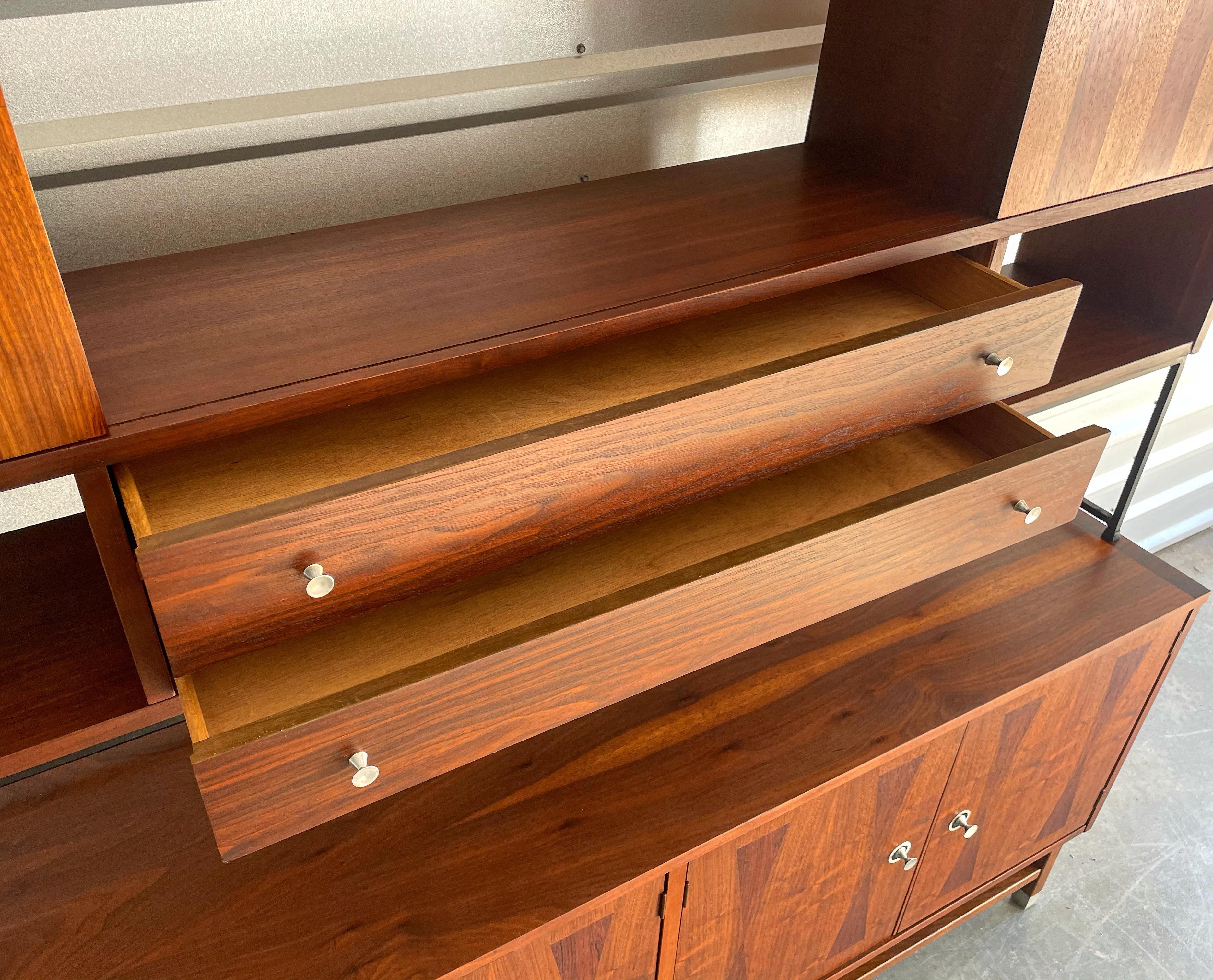 Aluminum Mid-Century Modern Credenza and Hutch Top by Stanley in Walnut and Rosewood
