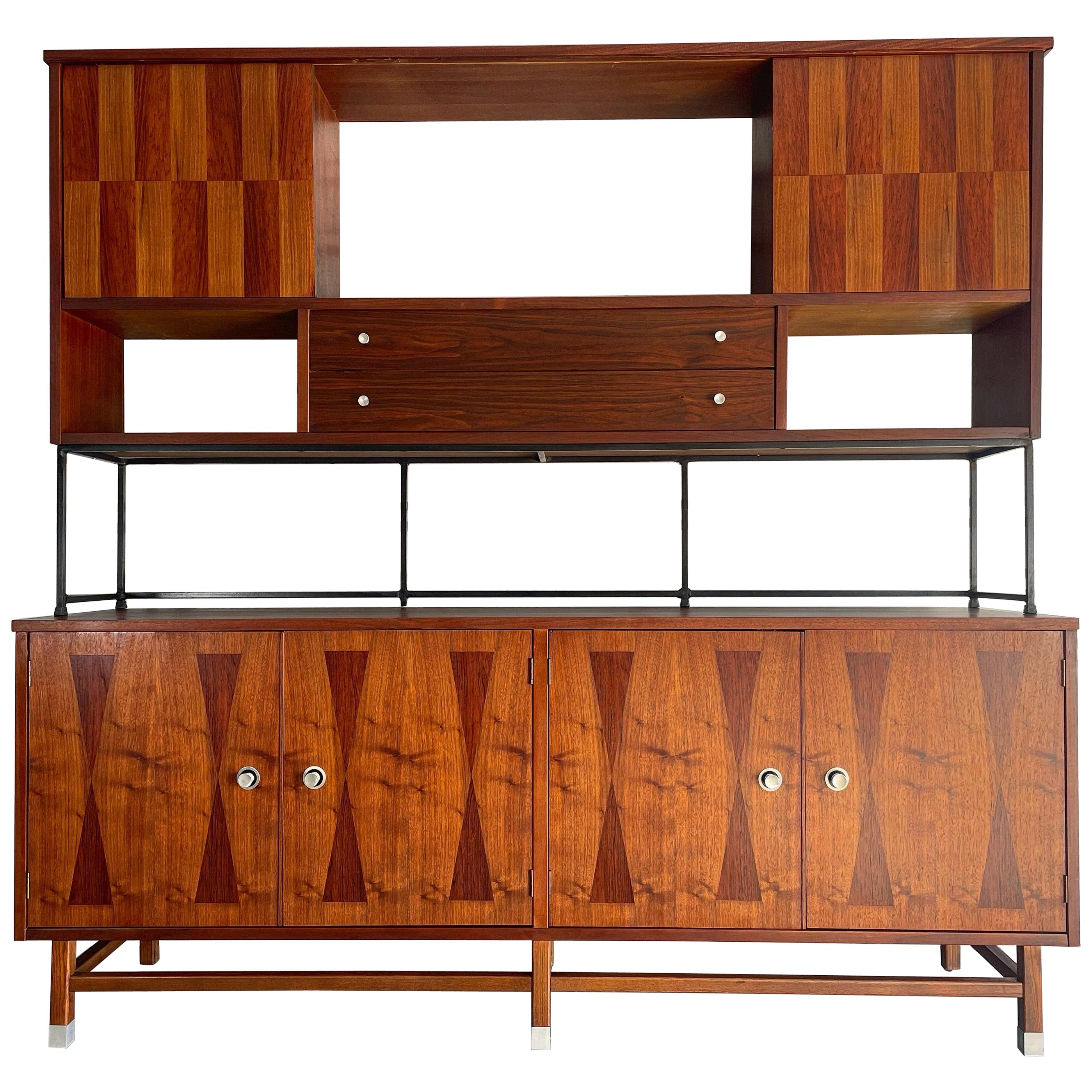 Mid-Century Modern Credenza and Hutch Top by Stanley in Walnut and Rosewood