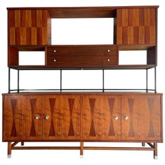 Vintage Mid-Century Modern Credenza and Hutch Top by Stanley in Walnut and Rosewood