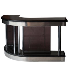 Midcentury Modern Curved Black Grey Chrome Leatherette Italian Bar, 1970