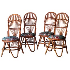 Mid-Century Modern Curved Bamboo Linen French Dinning Chairs, France, 1960