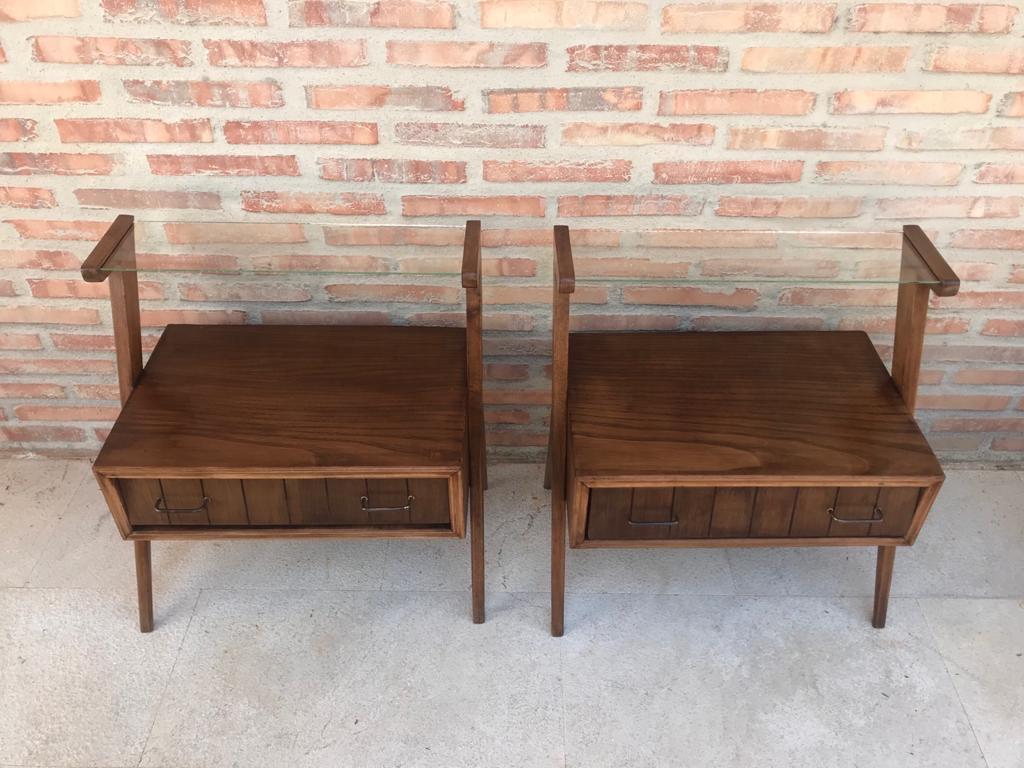 20th Century Mid-Century Modern Danish Pair of Nightstands with Drawer and One Glass Shelve