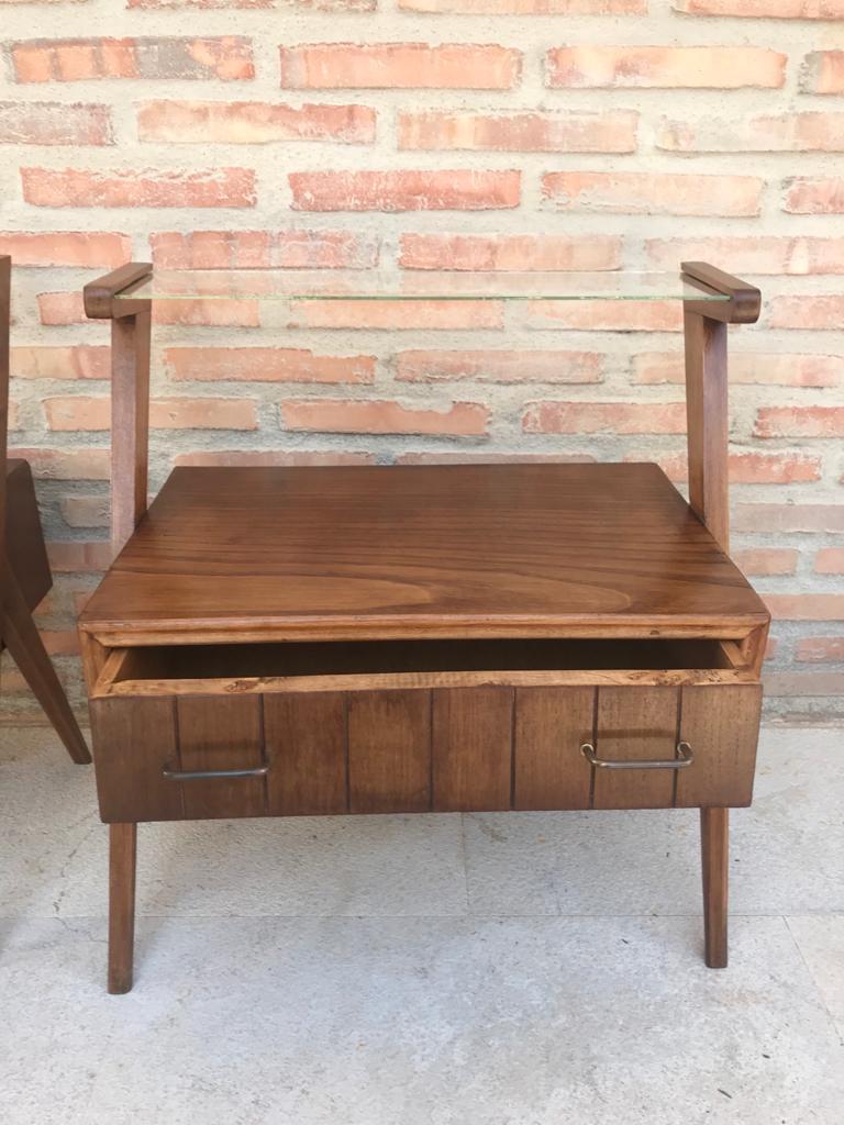 Mid-Century Modern Danish Pair of Nightstands with Drawer and One Glass Shelve 1