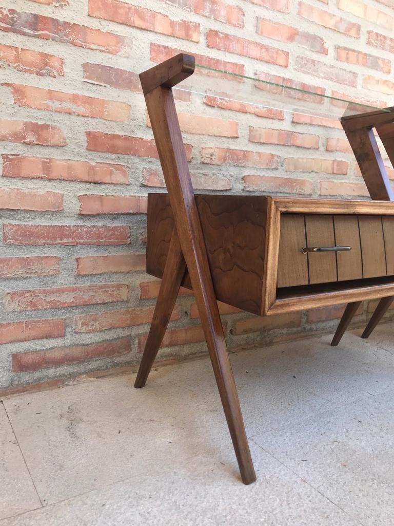 Mid-Century Modern Danish Pair of Nightstands with Drawer and One Glass Shelve 2