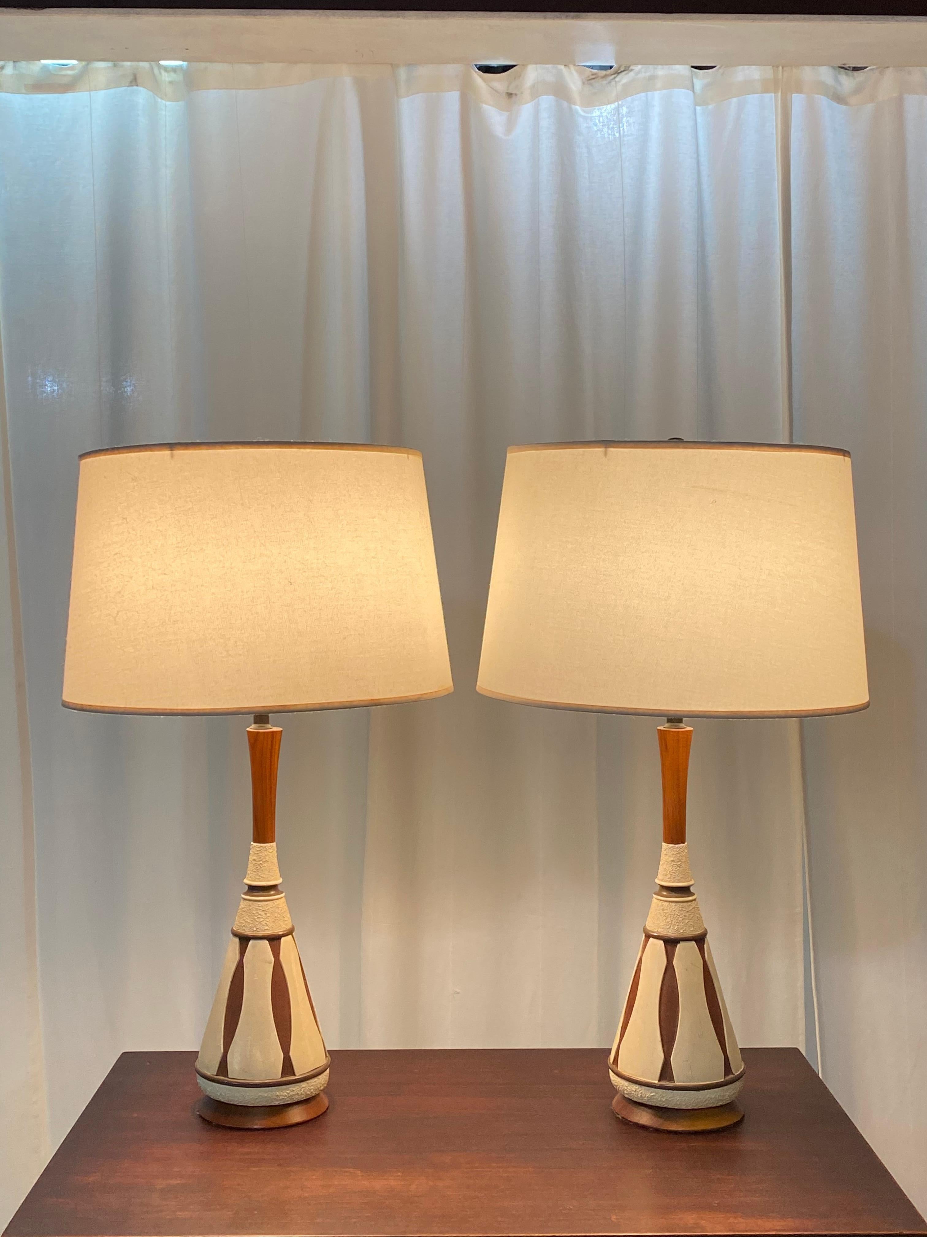 Mid-Century Modern Danish Style Table Lamps of Teak and Ceramic 3