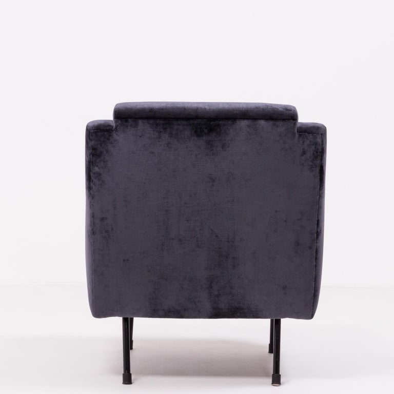MidCentury Modern Dark Blue Velvet Armchair at 1stDibs