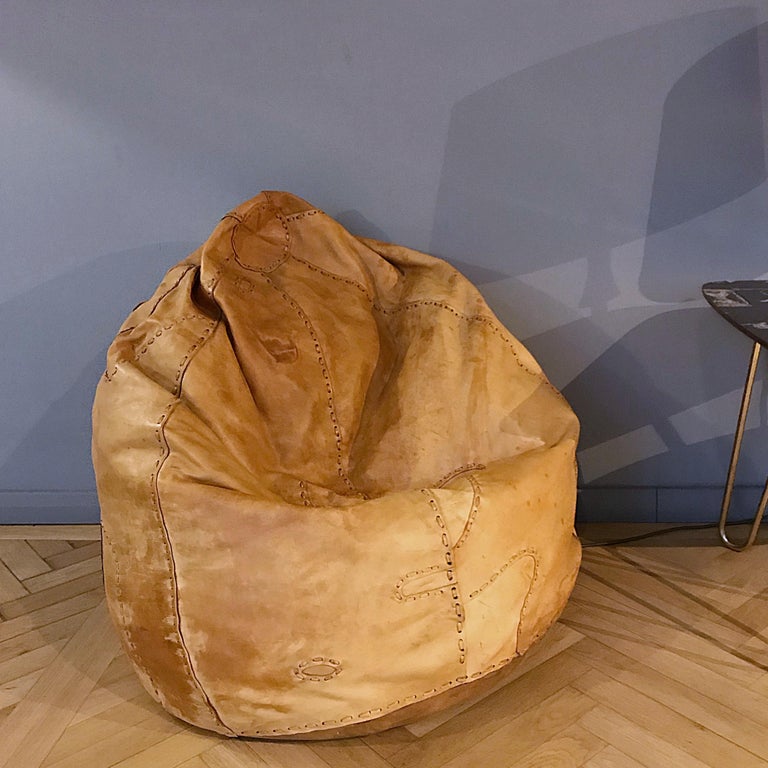 Midcentury Modern De Sede Style Cognac Leather Patchwork Bean Bag