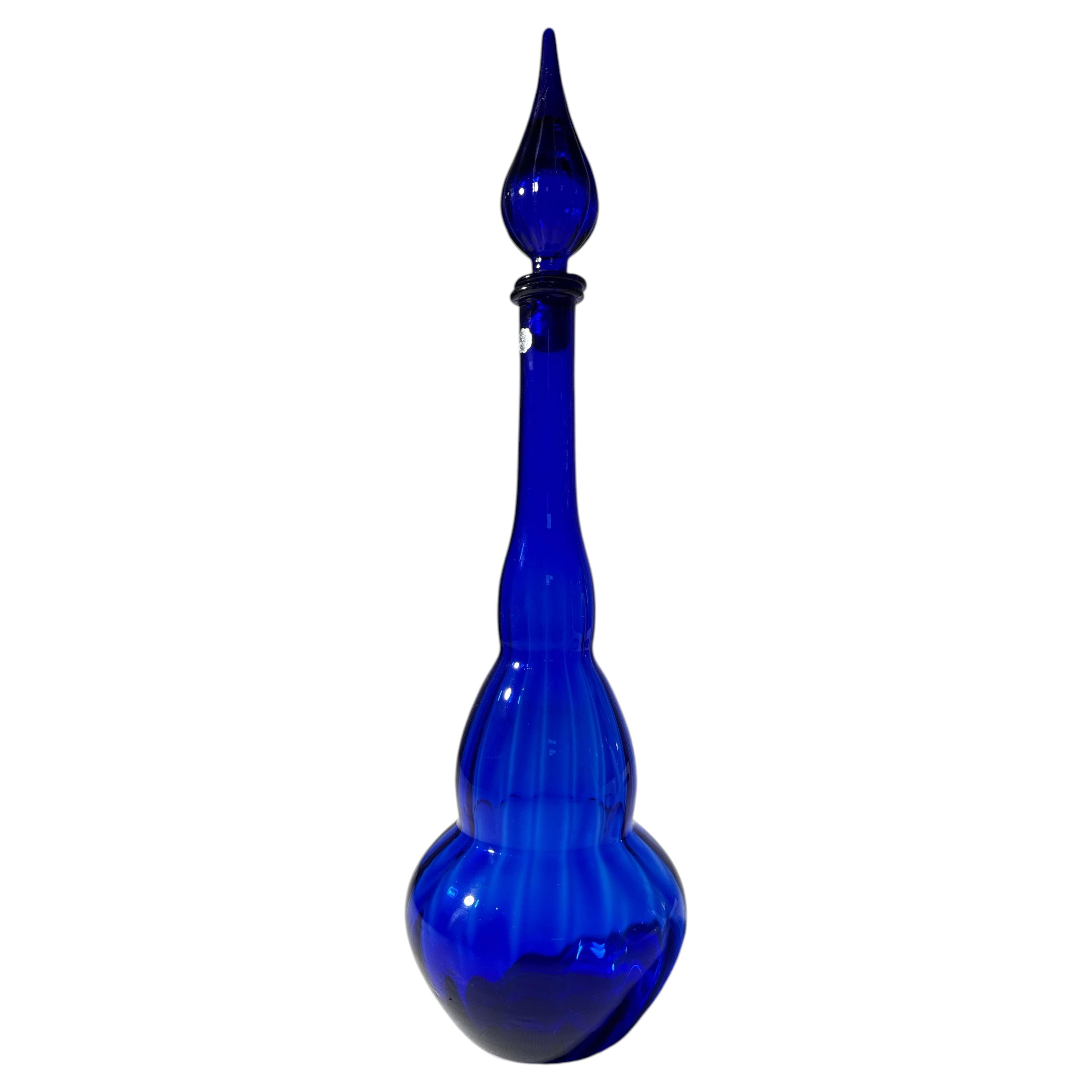 Midcentury Modern Decorative Cobalt Blue Glass Bottle designed in Empolio, 1950s For Sale