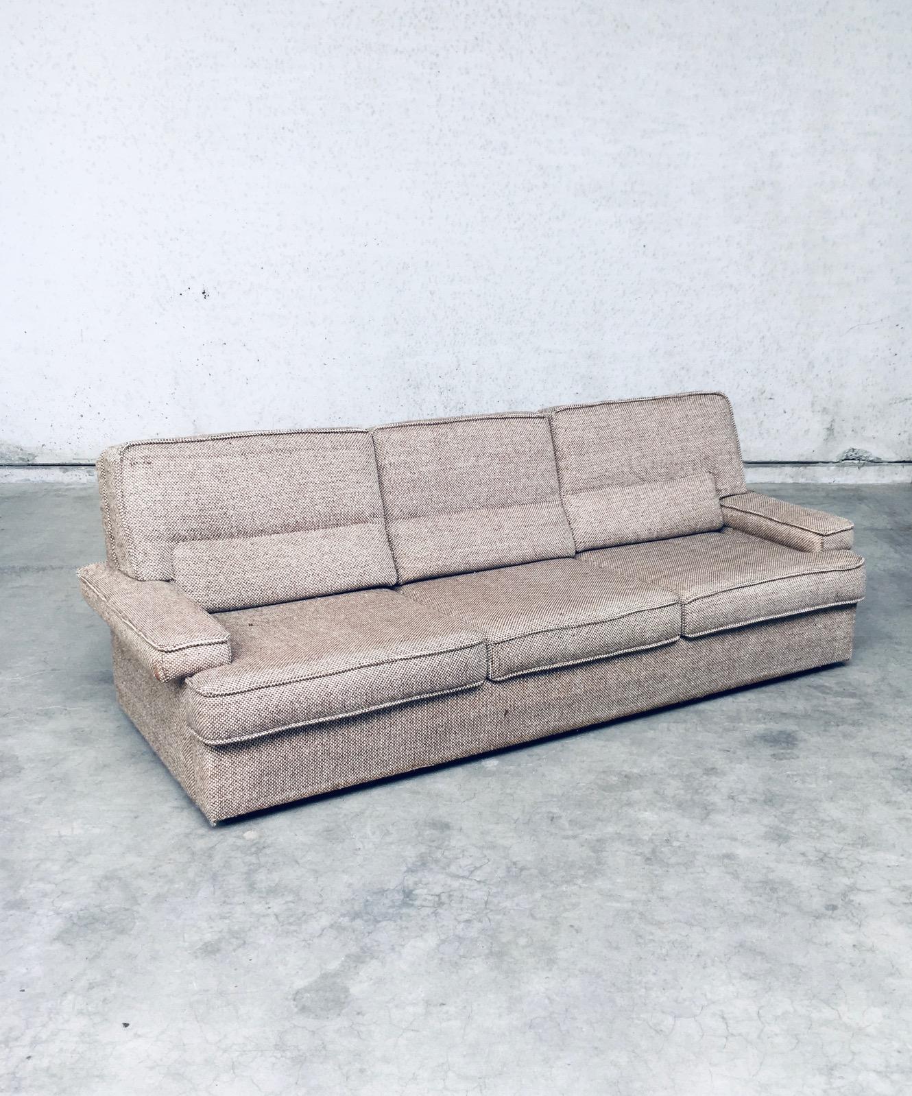 Vintage Midcentury Modern Italian Design 3 Seat Sofa. Made in Italy, 1970's period. Has a brand logo on the inside of the cushions and back. Brown / Beige Boucle wool woven fabric that comes in very clean and good condition. It's all original. Nice