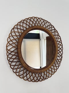 Miroir mural circulaire en bambou et rotin, style « Midcentury Modern », Italie, années 1960