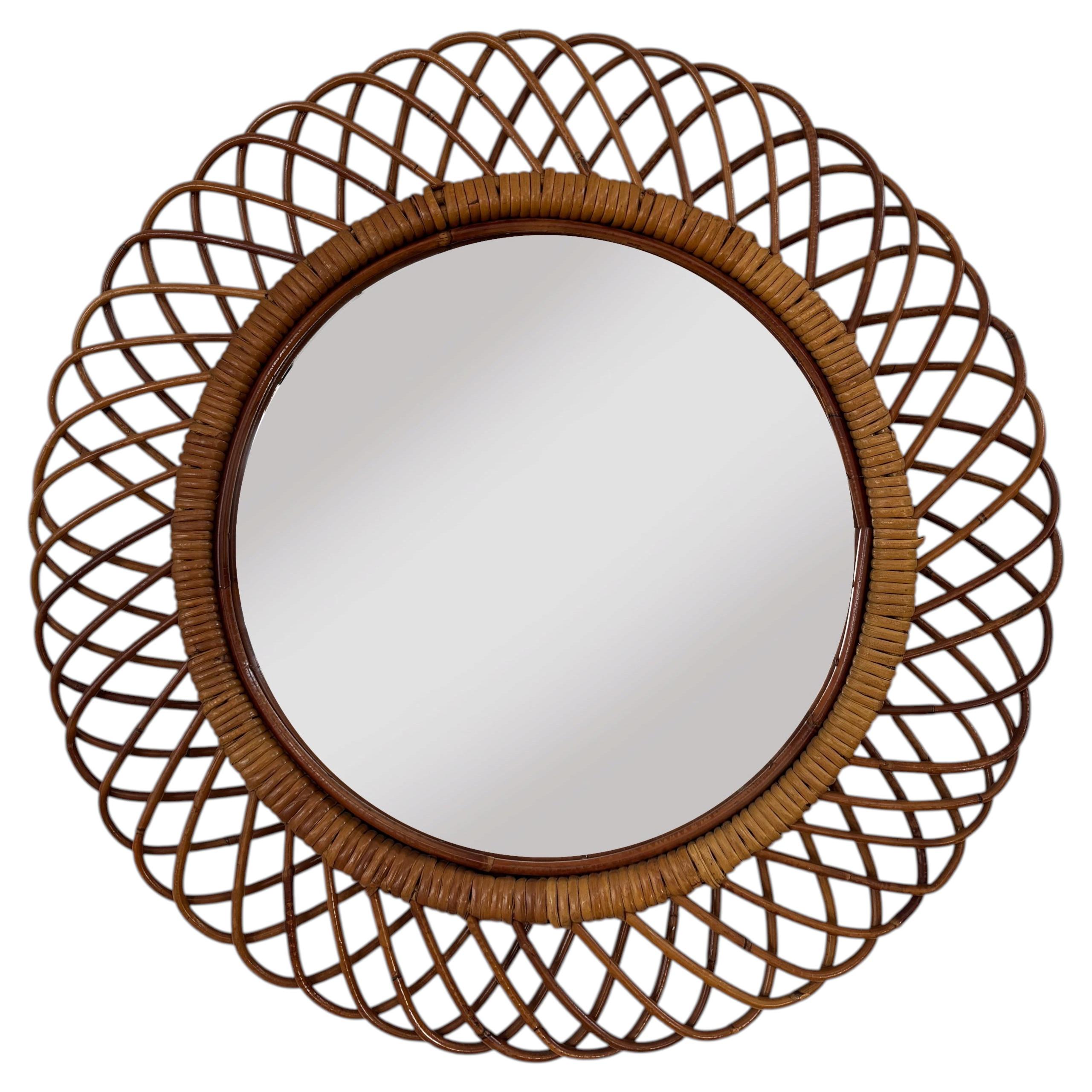 Midcentury Modern Design Circle Bamboo Rattan Wall Mirror, Italy 1960s For Sale