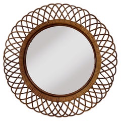 Miroir mural circulaire en bambou et rotin, style « Midcentury Modern », Italie, années 1960