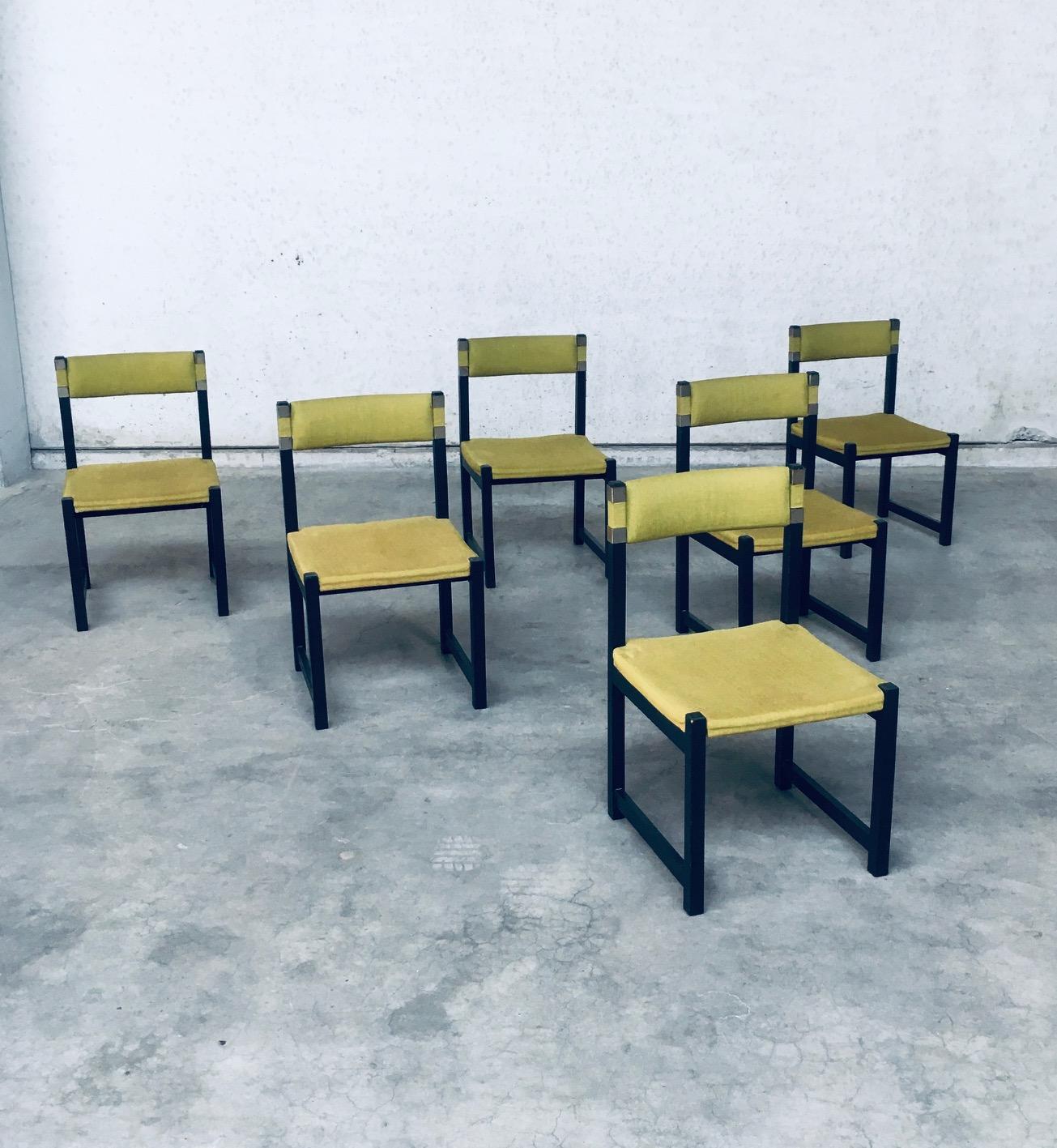 Vintage Midcentury Modern Belgian Design Dining Chair set of 6 designed by Jean Batenburg for MI. Made in Belgium, 1969. Black stained solid wood constructed frame with green fabric seat and back. Nice metal details on the back rest. All chairs are