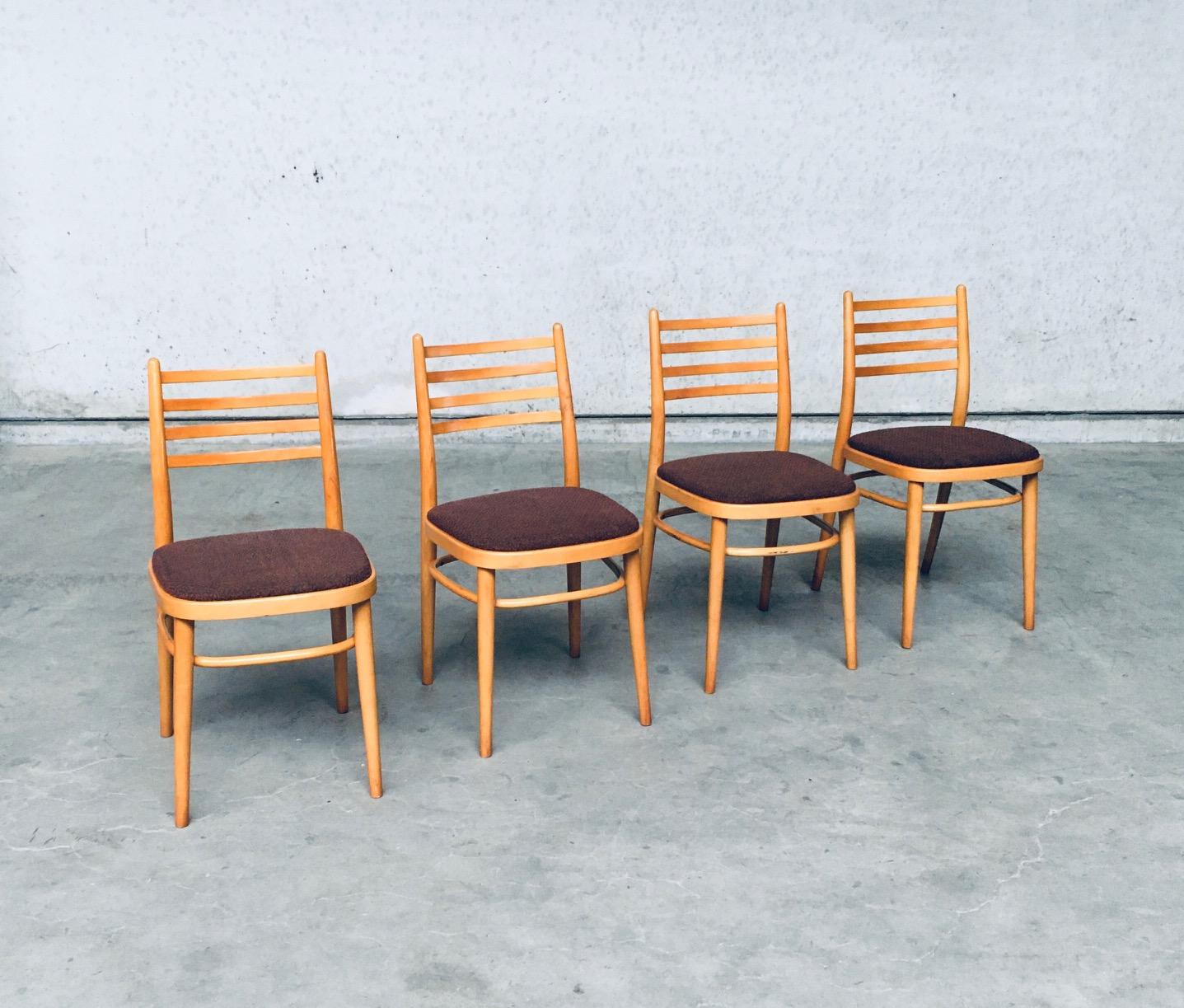 Vintage Mid-Century Modern design dining chair set by TON, 1968 Czechoslovakia. In the style of Thonet. Some have original TON factory label, with the manufacturing date. Bend beech wood constrution with brown fabric seat. With a label of the