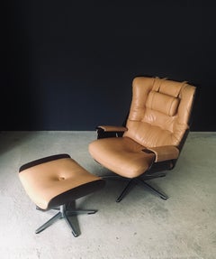 Midcentury Modern Design Leather Lounge Chair & Ottoman, Germany 1960's