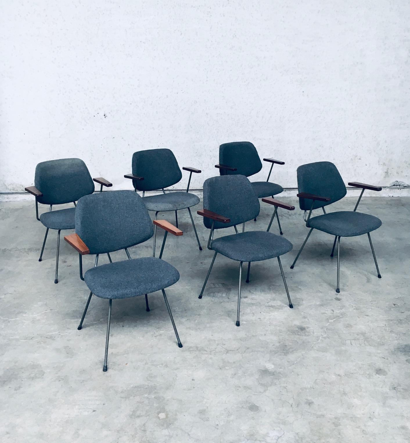 Vintage Midcentury Modern Dutch Design Office Arm Chair Satz von 6 von Wim Rietveld für Kembo. Hergestellt in den Niederlanden, in den 1950er Jahren. Stühle mit grauem, bläulichem Stoff auf grau lackiertem Stahlrohrgestell mit Armlehnen aus