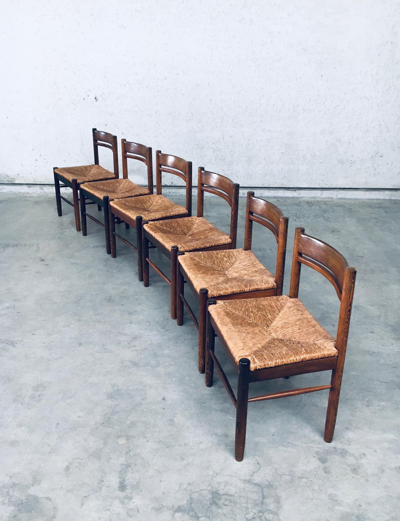 Vintage Mid-Century Modern Design Wengé & Paper Cord Dining Chair set of 6. Made Belgium in the 1960's. Wengé wood constructed chairs with paper cord / rush seats. Chairs are in very good condition. On one chair there needs to be some replacing of
