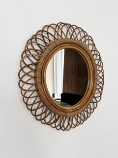 Midcentury Modern Dewsign Circle Bamboo Rattan Wall Mirror, Italy 1960s