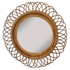 Midcentury Modern Dewsign Circle Bamboo Rattan Wall Mirror, Italy 1960s