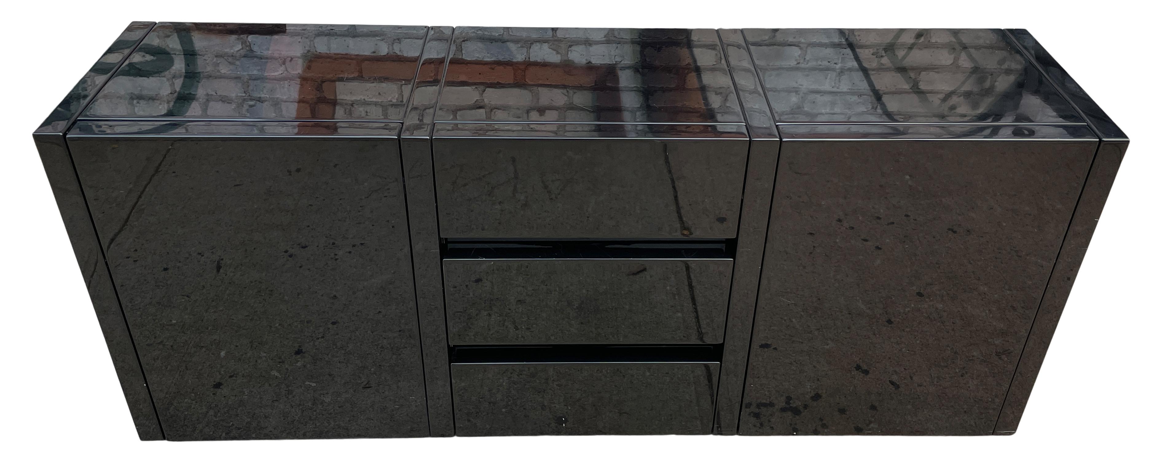 Mid-Century Modern directional black lacquer 3 Drawer 2 cabinet doors credenza sideboard with 2 doors and 3 middle drawers also has 2 Glass adjustable shelves. High gloss Black Lacquer shows normal signs of wear use on top surface just minor light