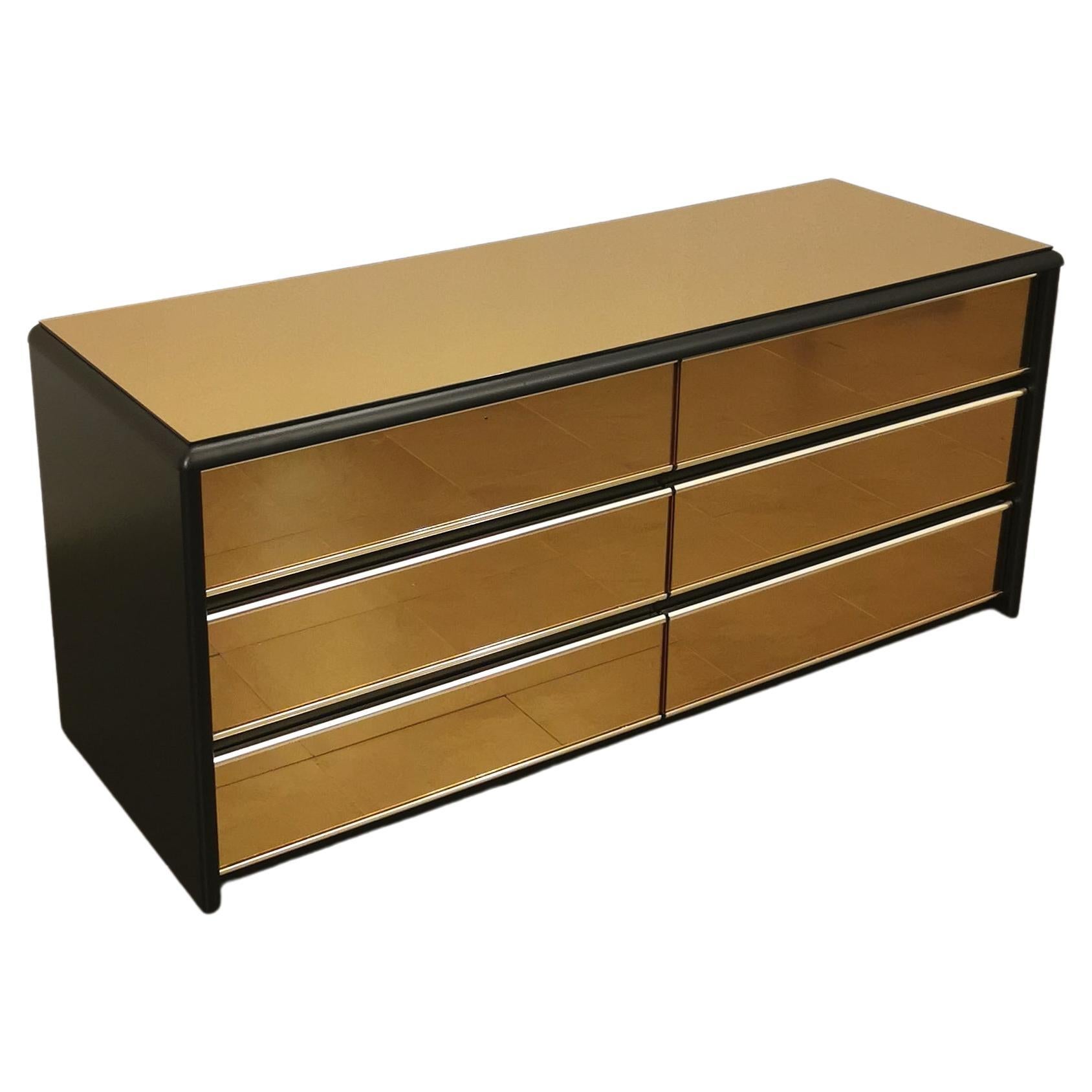 Midcentury Modern Dresser Chest of Drawers Mirrored Glass Black Wood Italy 1970s