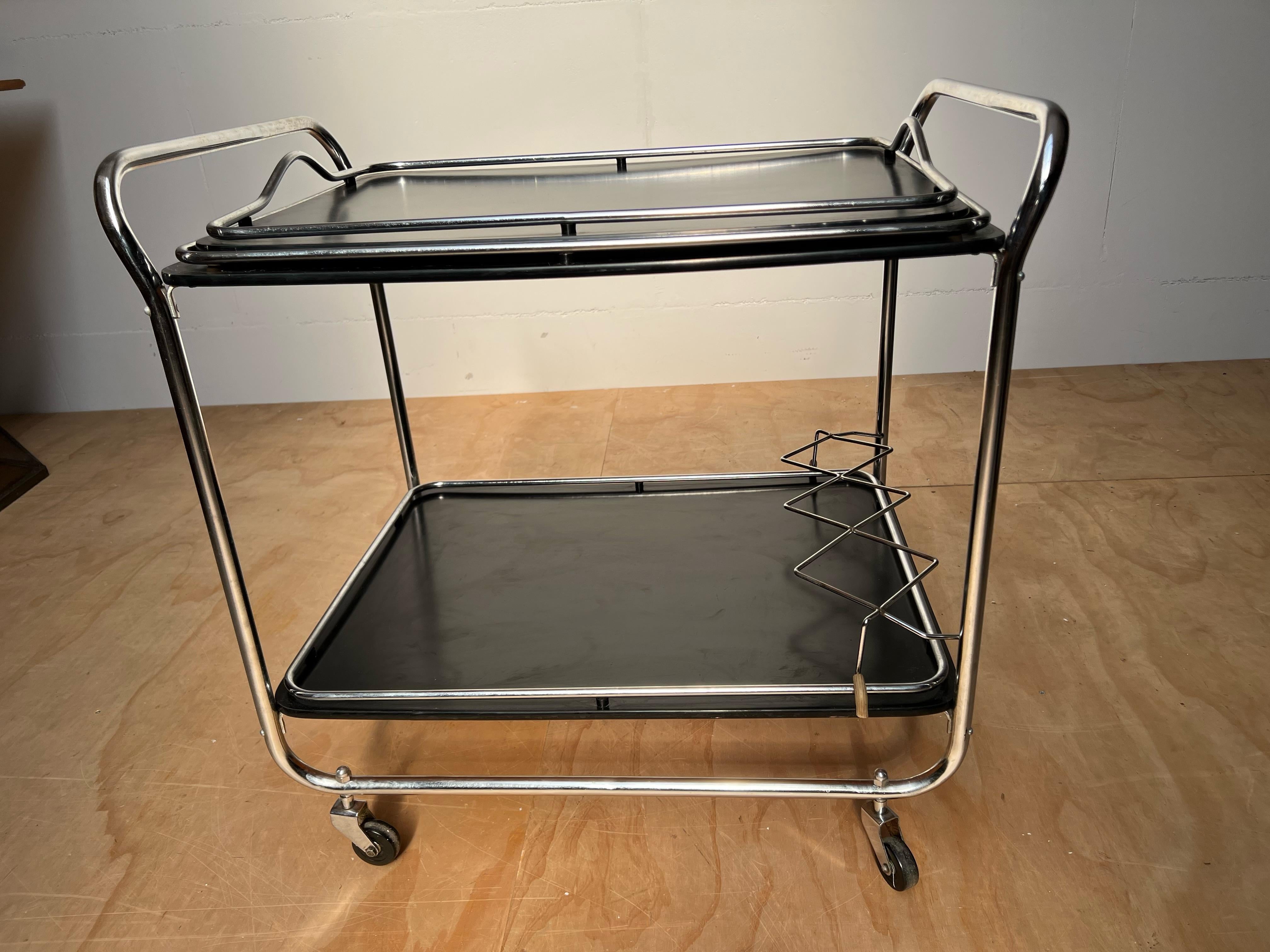 Midcentury Modern Drinks Trolley / Bar Cart w. Tray, Blackened Wood and Chrome For Sale 4