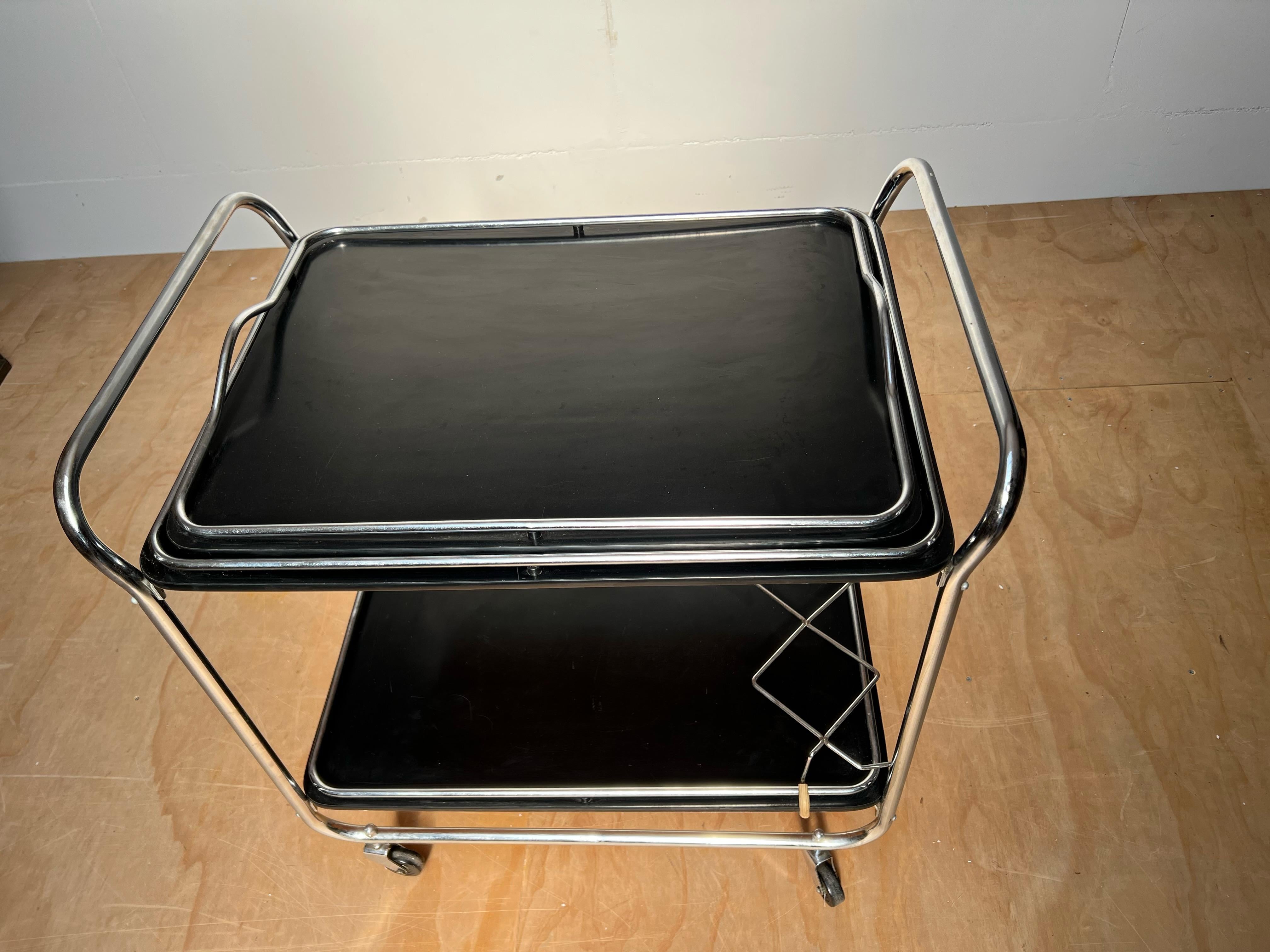 Midcentury Modern Drinks Trolley / Bar Cart w. Tray, Blackened Wood and Chrome For Sale 6
