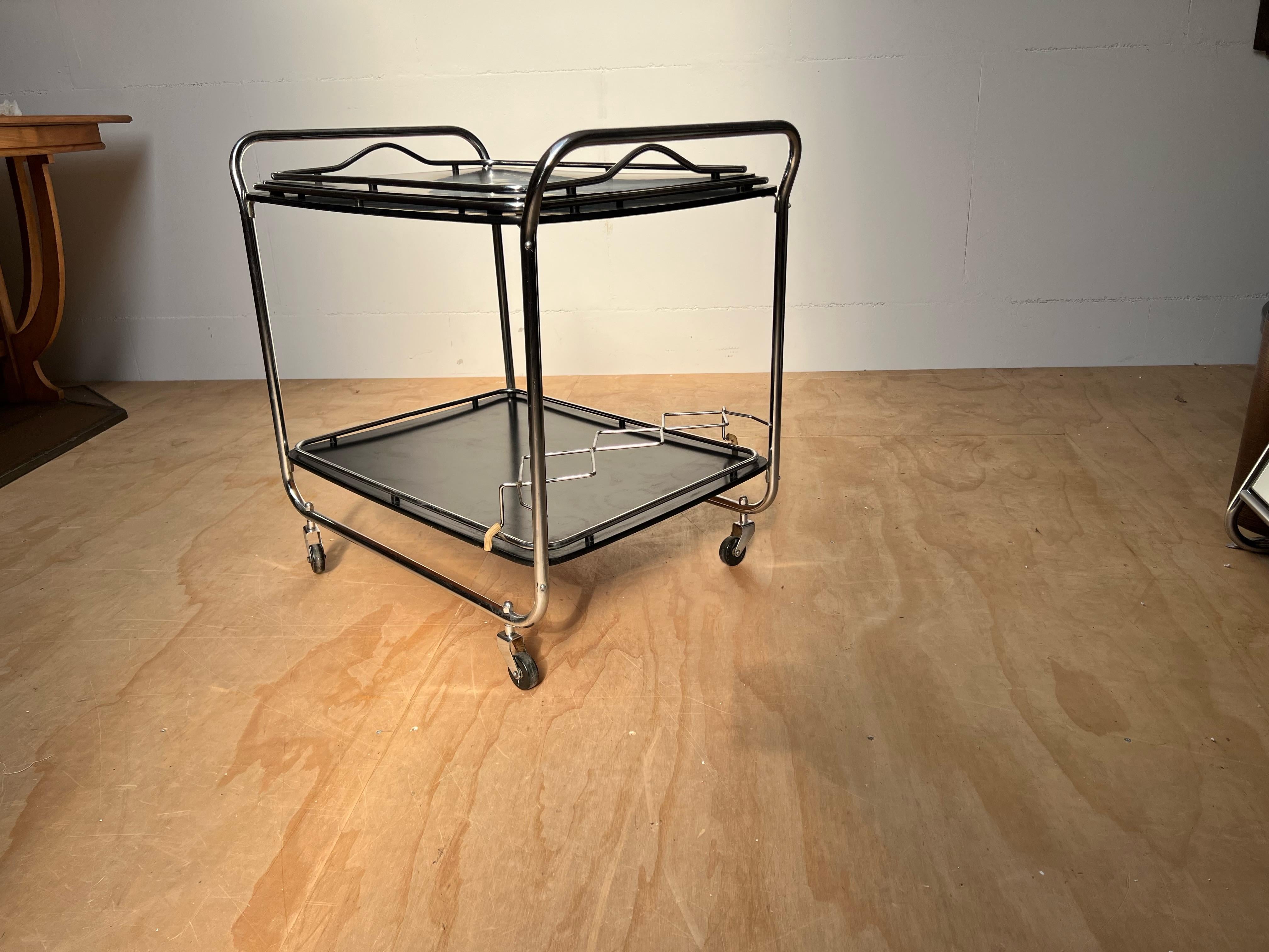 Midcentury Modern Drinks Trolley / Bar Cart w. Tray, Blackened Wood and Chrome For Sale 12