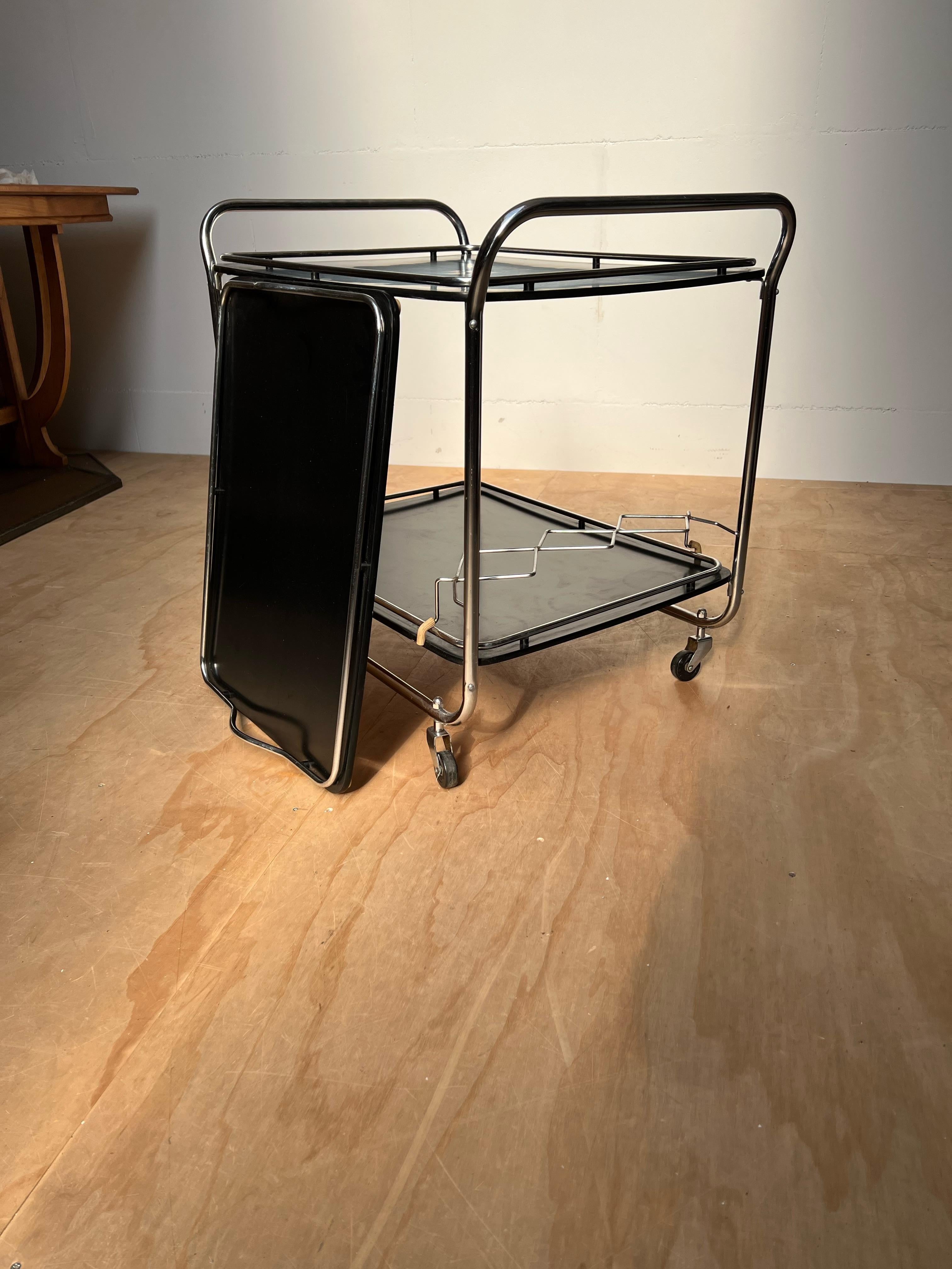 Midcentury Modern Drinks Trolley / Bar Cart w. Tray, Blackened Wood and Chrome For Sale 13