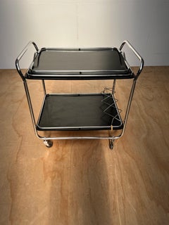 Midcentury Modern Drinks Trolley / Bar Cart w. Tray, Blackened Wood and Chrome