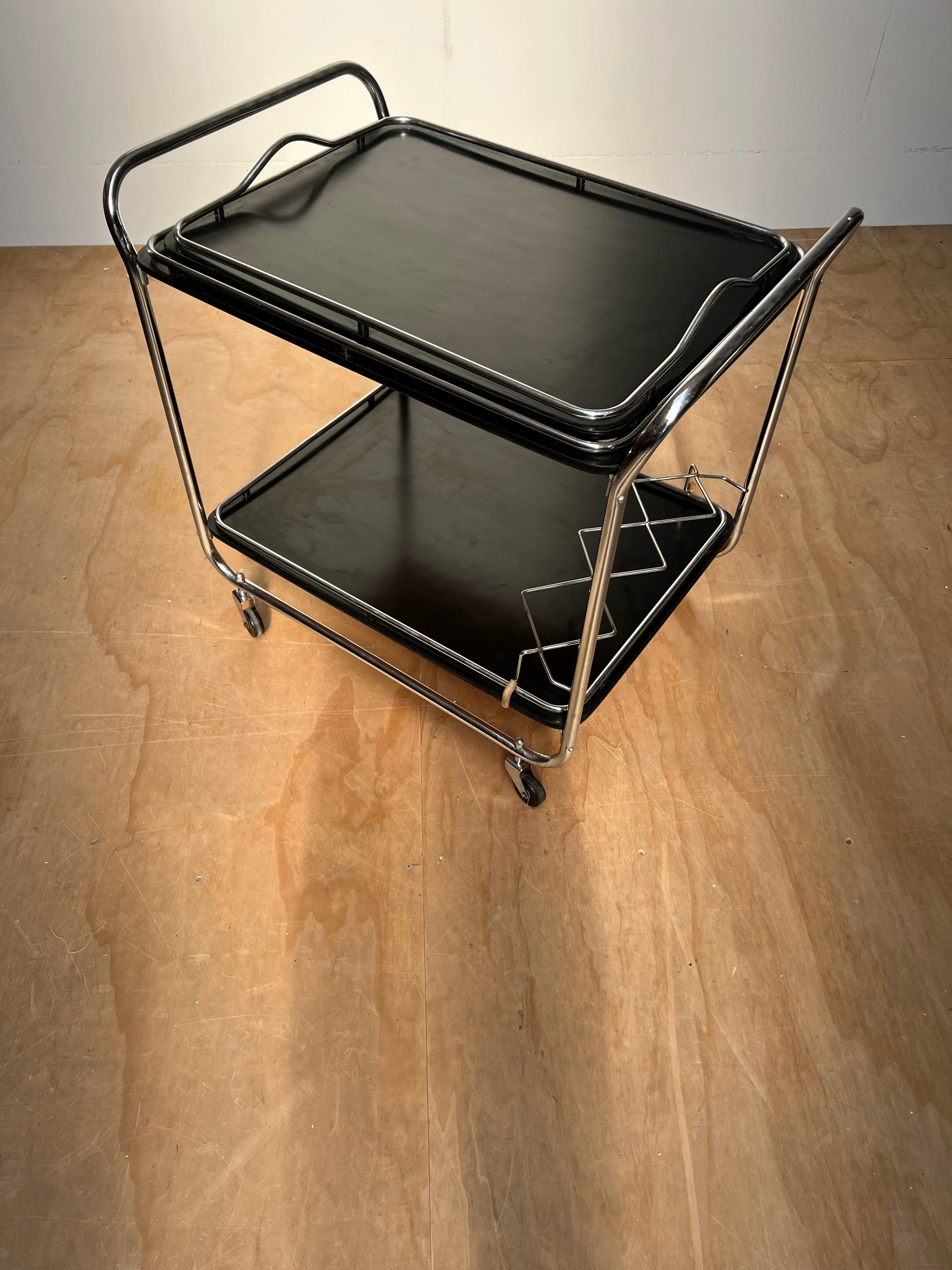 Midcentury Modern Drinks Trolley / Bar Cart w. Tray, Blackened Wood and Chrome For Sale 14