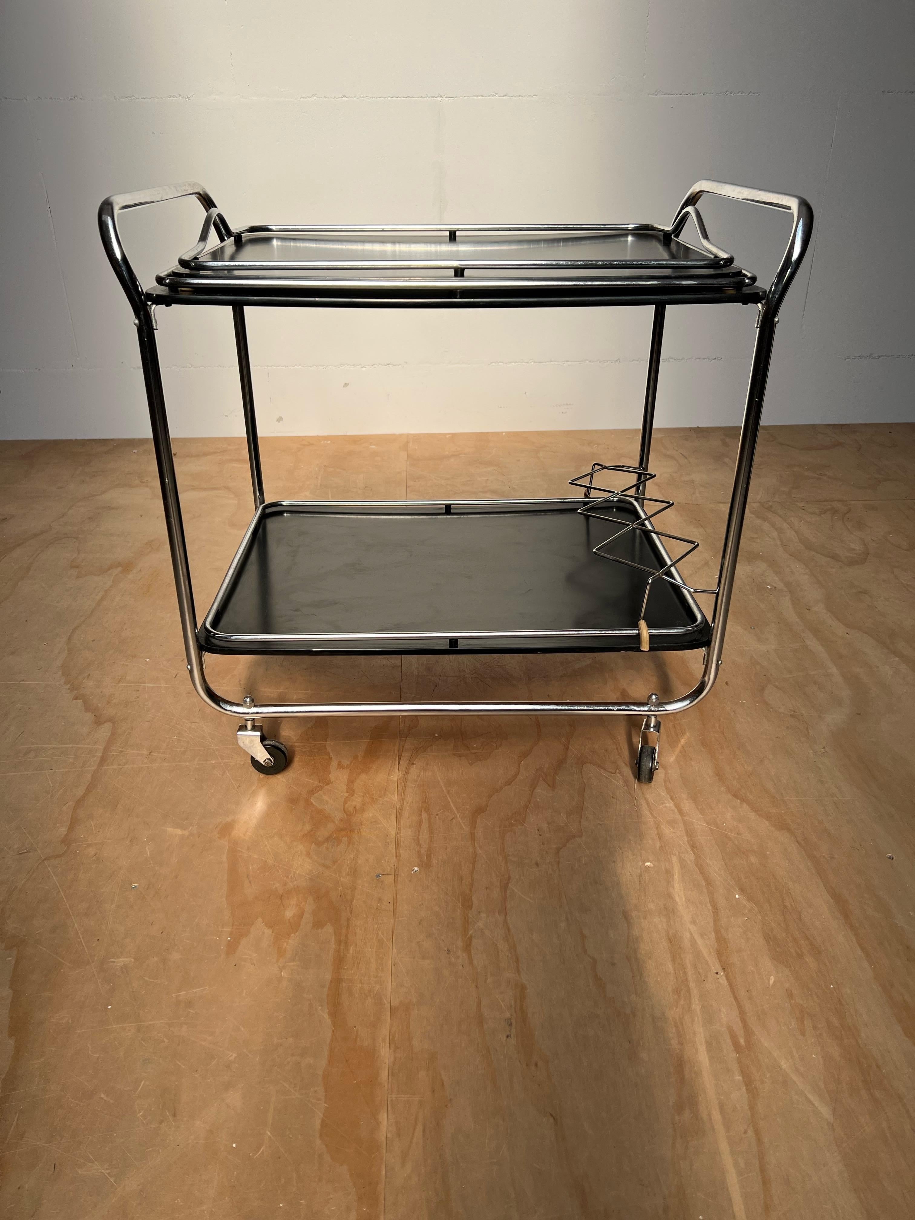 Mid-Century Modern Midcentury Modern Drinks Trolley / Bar Cart w. Tray, Blackened Wood and Chrome For Sale