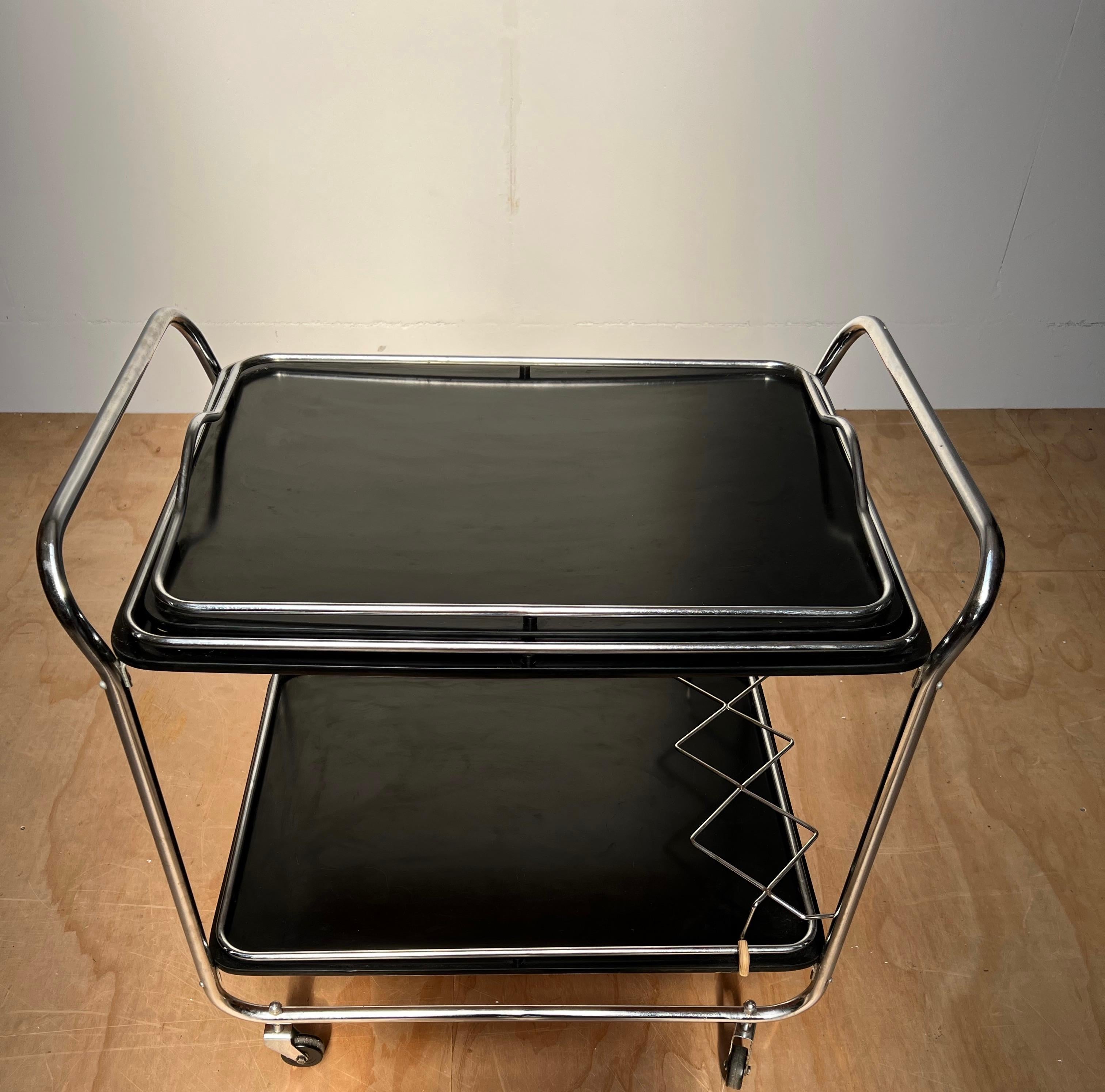 European Midcentury Modern Drinks Trolley / Bar Cart w. Tray, Blackened Wood and Chrome For Sale