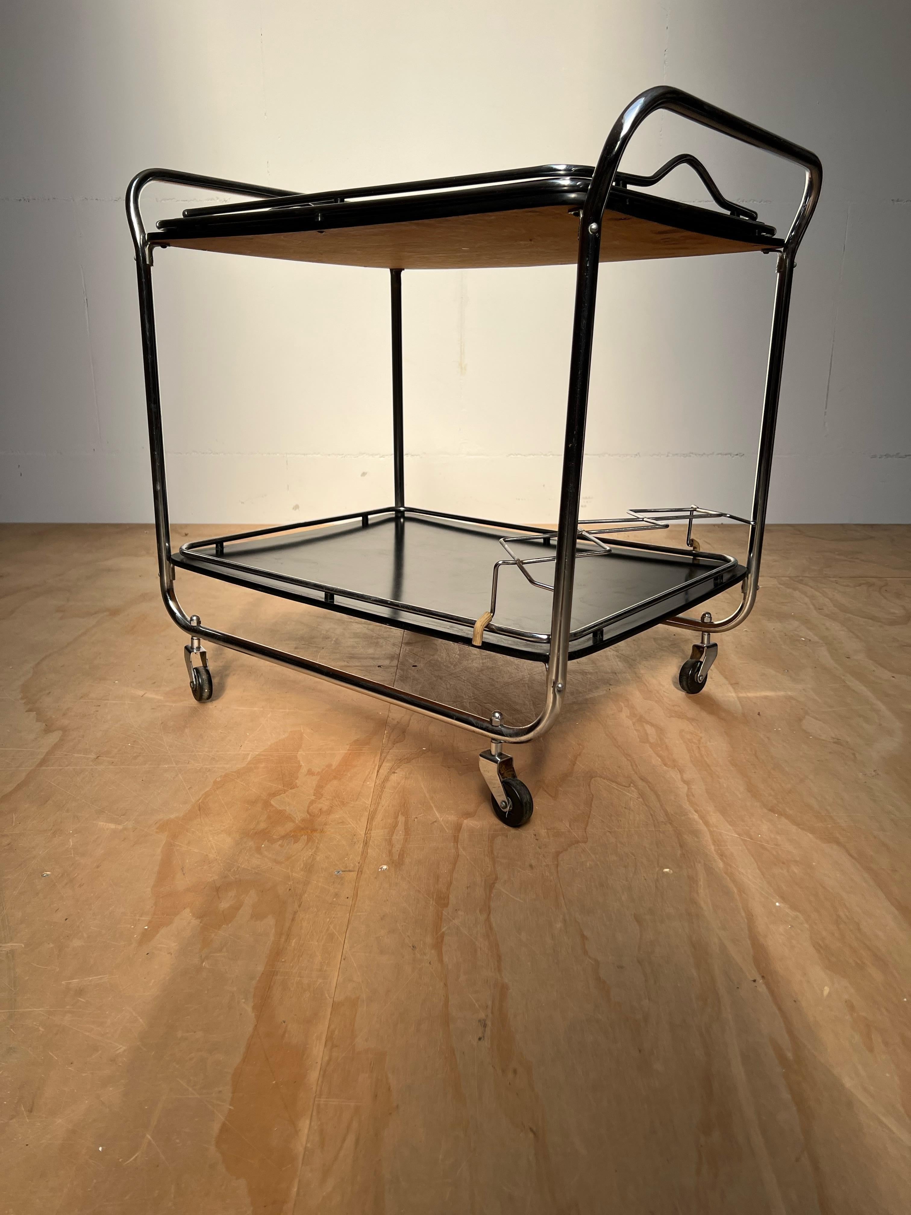 20th Century Midcentury Modern Drinks Trolley / Bar Cart w. Tray, Blackened Wood and Chrome For Sale