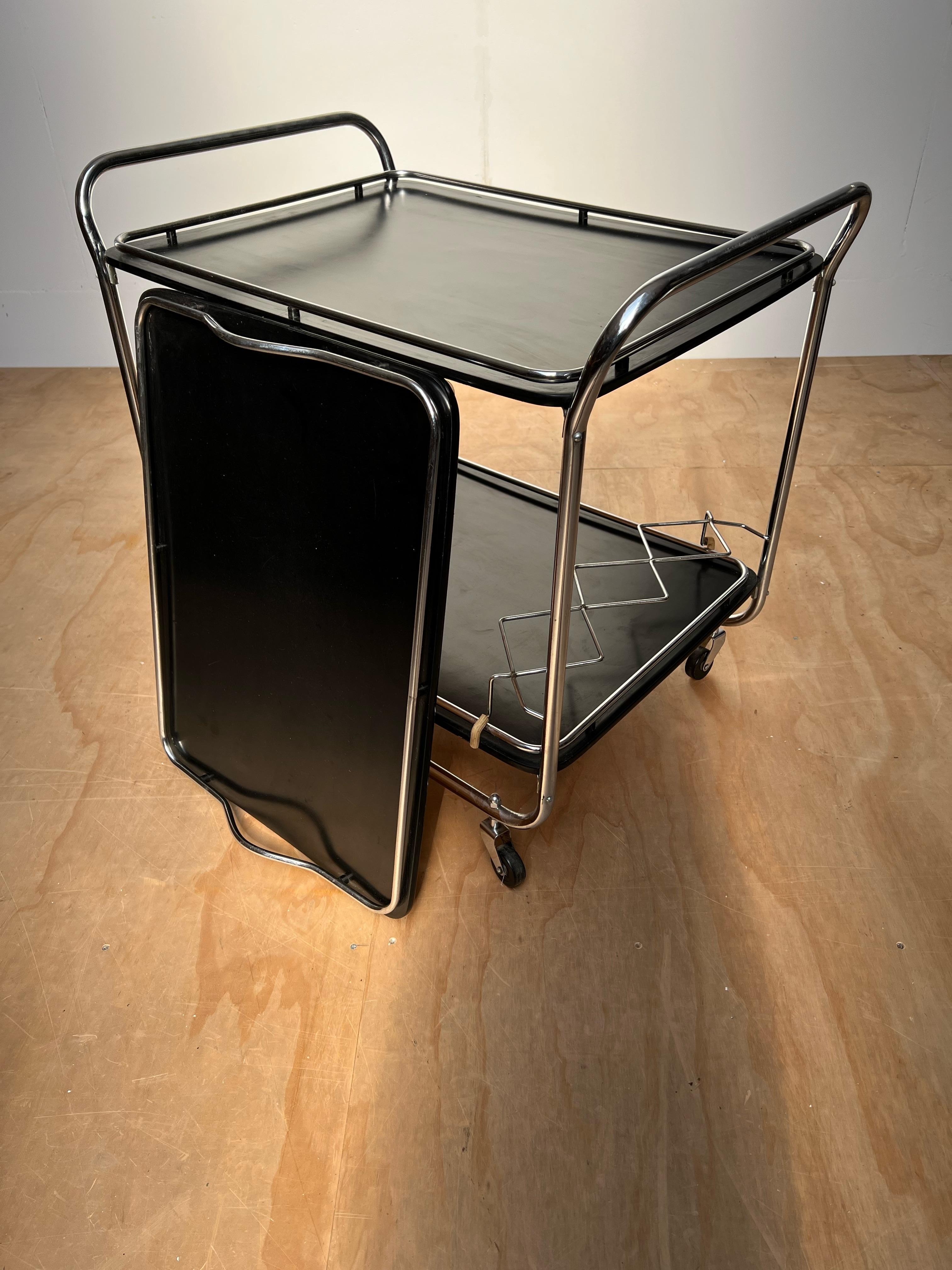 Midcentury Modern Drinks Trolley / Bar Cart w. Tray, Blackened Wood and Chrome For Sale 2