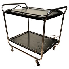 Midcentury Modern Drinks Trolley / Bar Cart w. Tray, Blackened Wood and Chrome