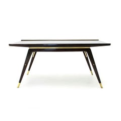 Mid-Century Modern Ebonized Wood, Brass and Black Glass Coffee Table, 1940s