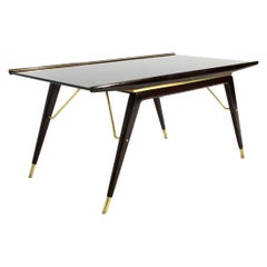 Mid-Century Modern Ebonized Wood, Brass and Black Glass Coffee Table, 1940s