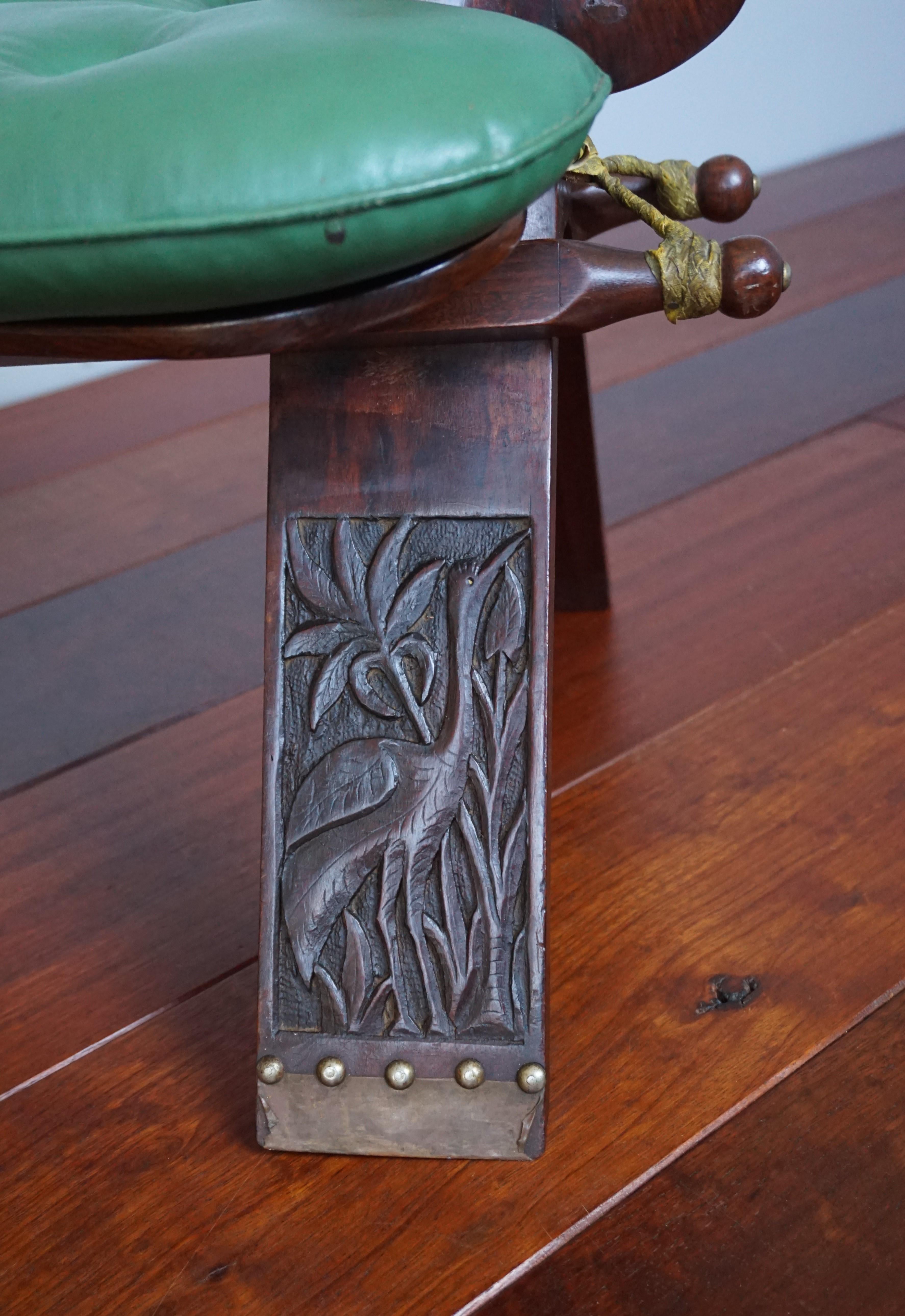 Midcentury Modern Era Tropical Hardwood & Skai Leather Stool W. Camel Sculptures For Sale 3