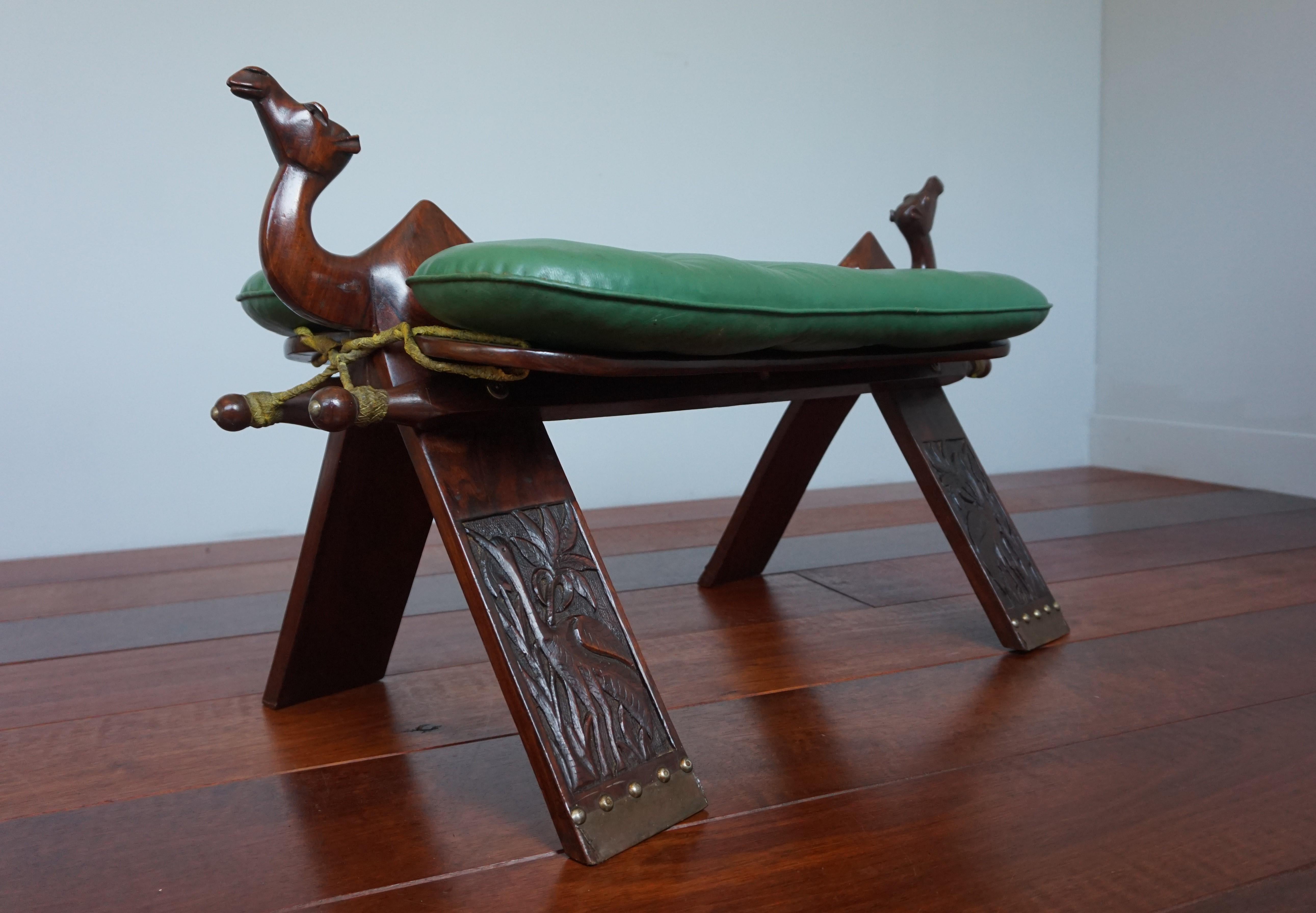 Midcentury Modern Era Tropical Hardwood & Skai Leather Stool W. Camel Sculptures For Sale 4