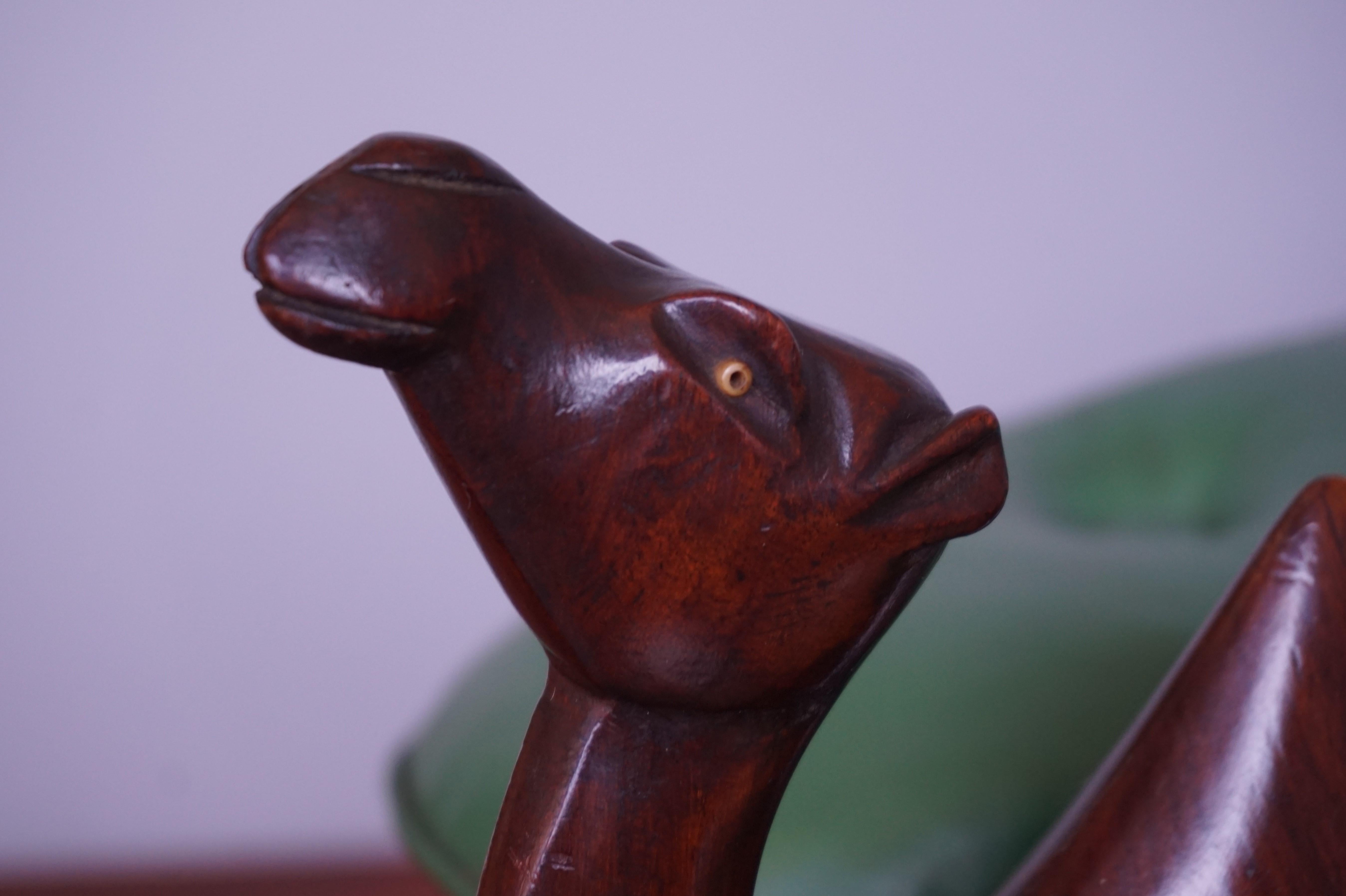 Midcentury Modern Era Tropical Hardwood & Skai Leather Stool W. Camel Sculptures For Sale 5