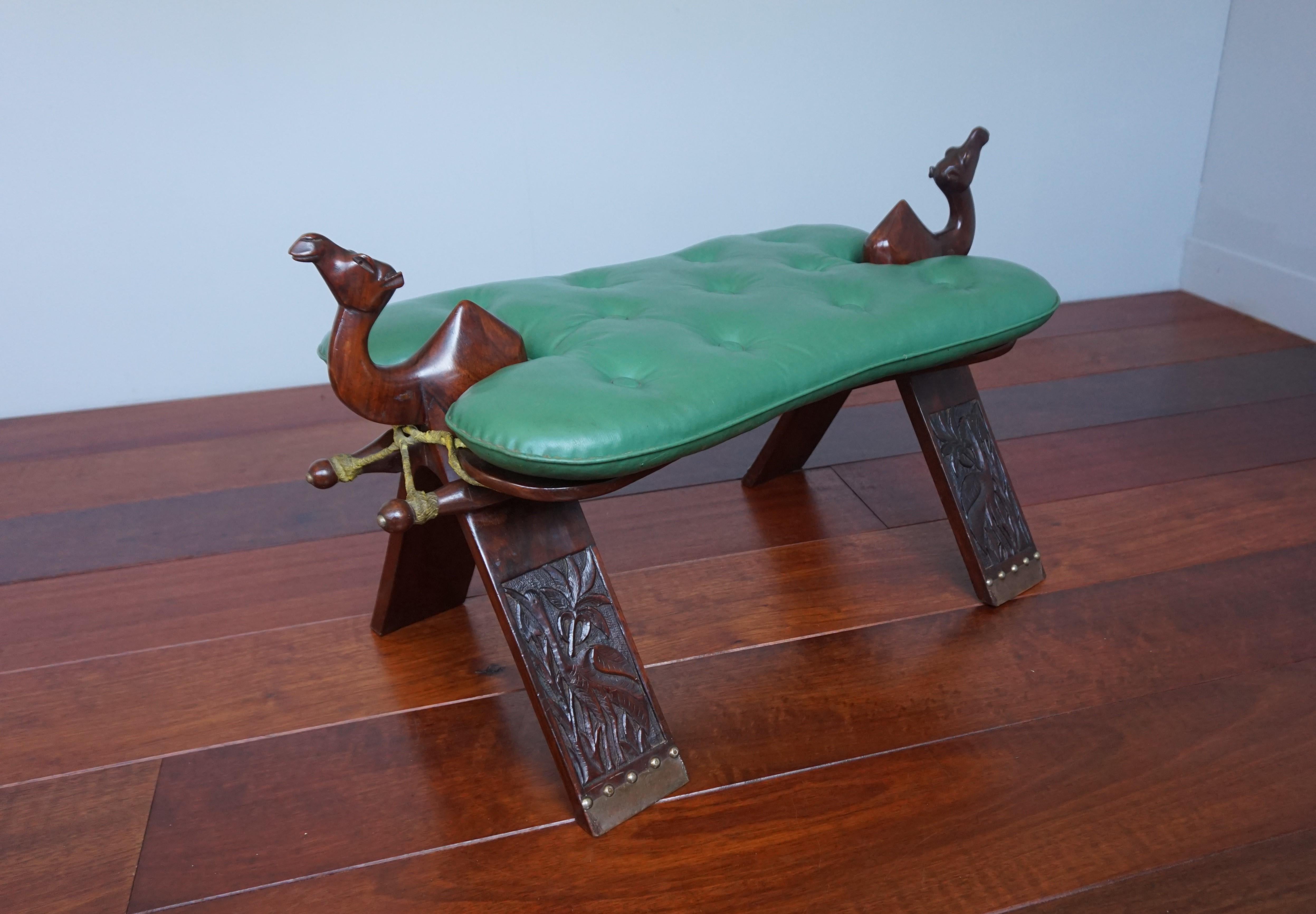 Midcentury Modern Era Tropical Hardwood & Skai Leather Stool W. Camel Sculptures For Sale 6