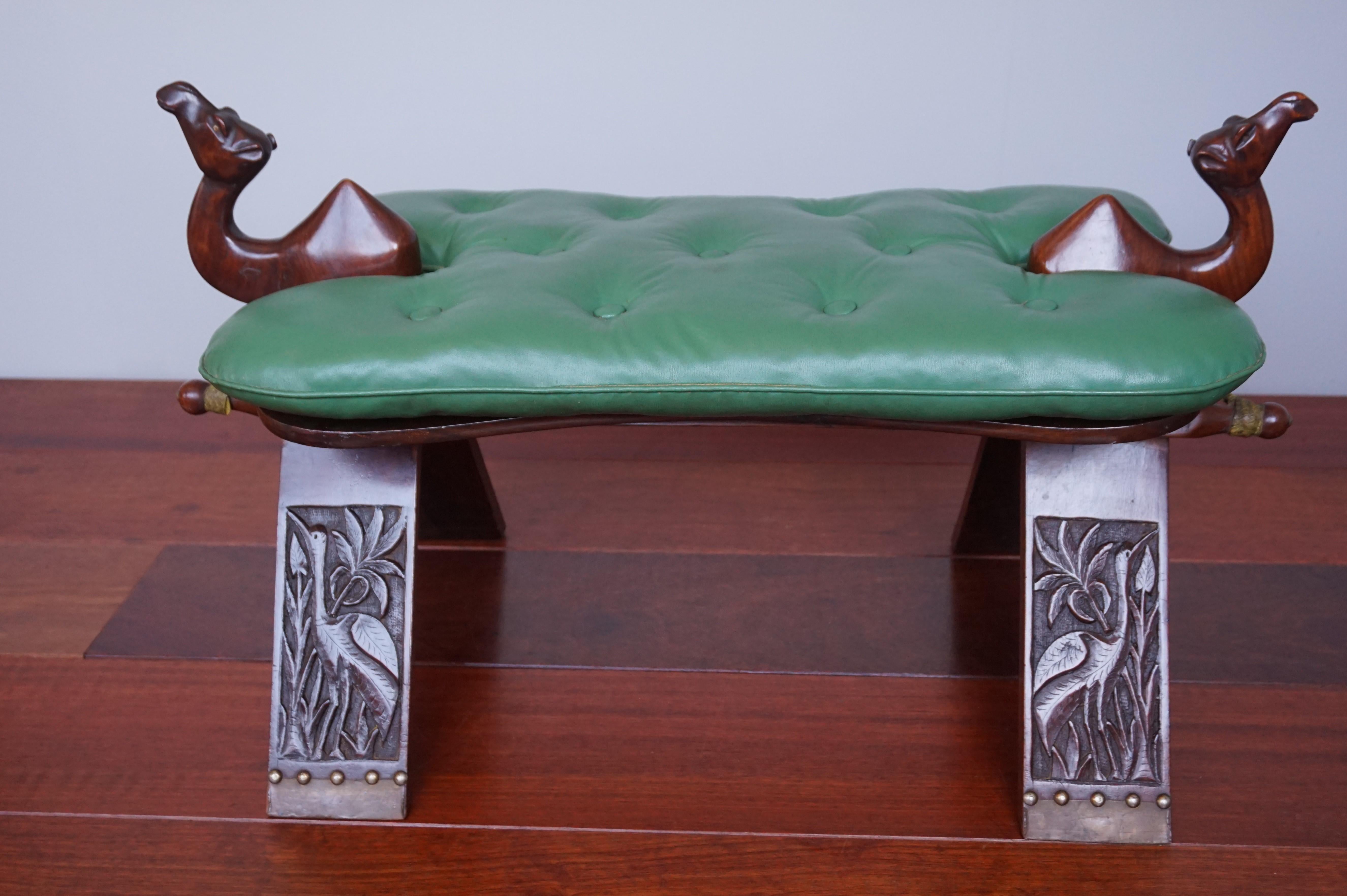 Midcentury Modern Era Tropical Hardwood & Skai Leather Stool W. Camel Sculptures For Sale 7