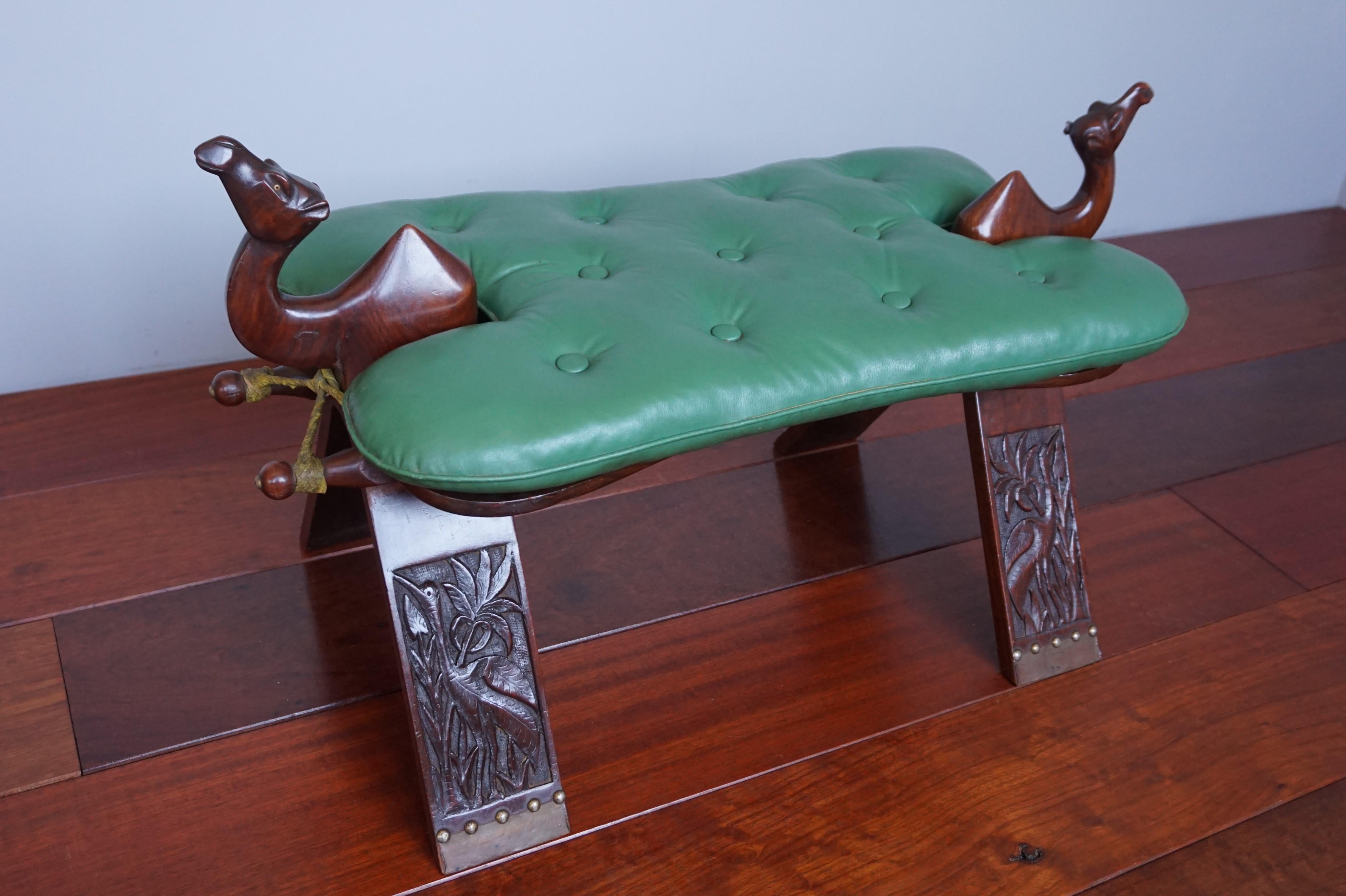Midcentury Modern Era Tropical Hardwood & Skai Leather Stool W. Camel Sculptures For Sale 8