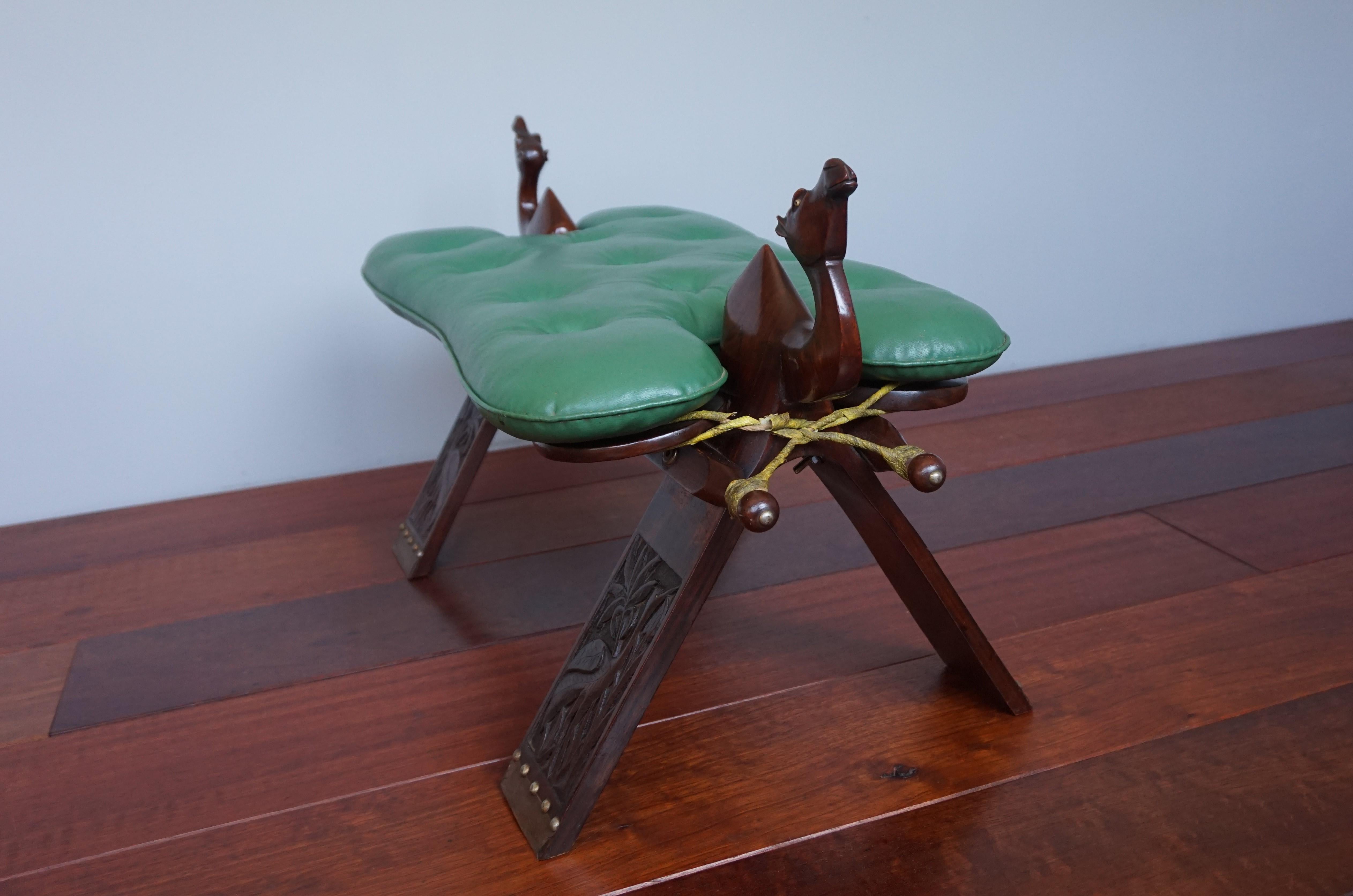 Midcentury Modern Era Tropical Hardwood & Skai Leather Stool W. Camel Sculptures For Sale 1