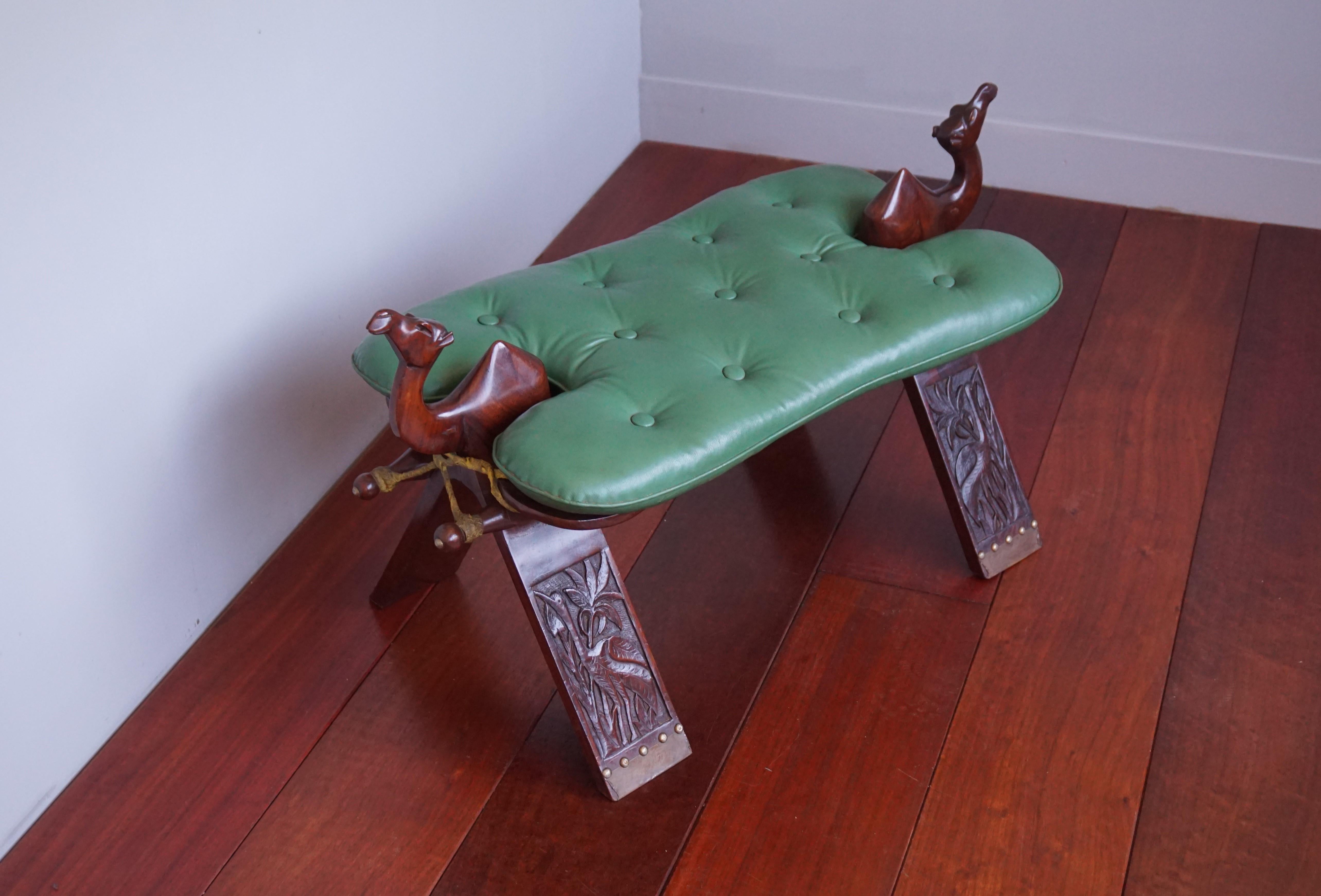 Midcentury Modern Era Tropical Hardwood & Skai Leather Stool W. Camel Sculptures For Sale 2